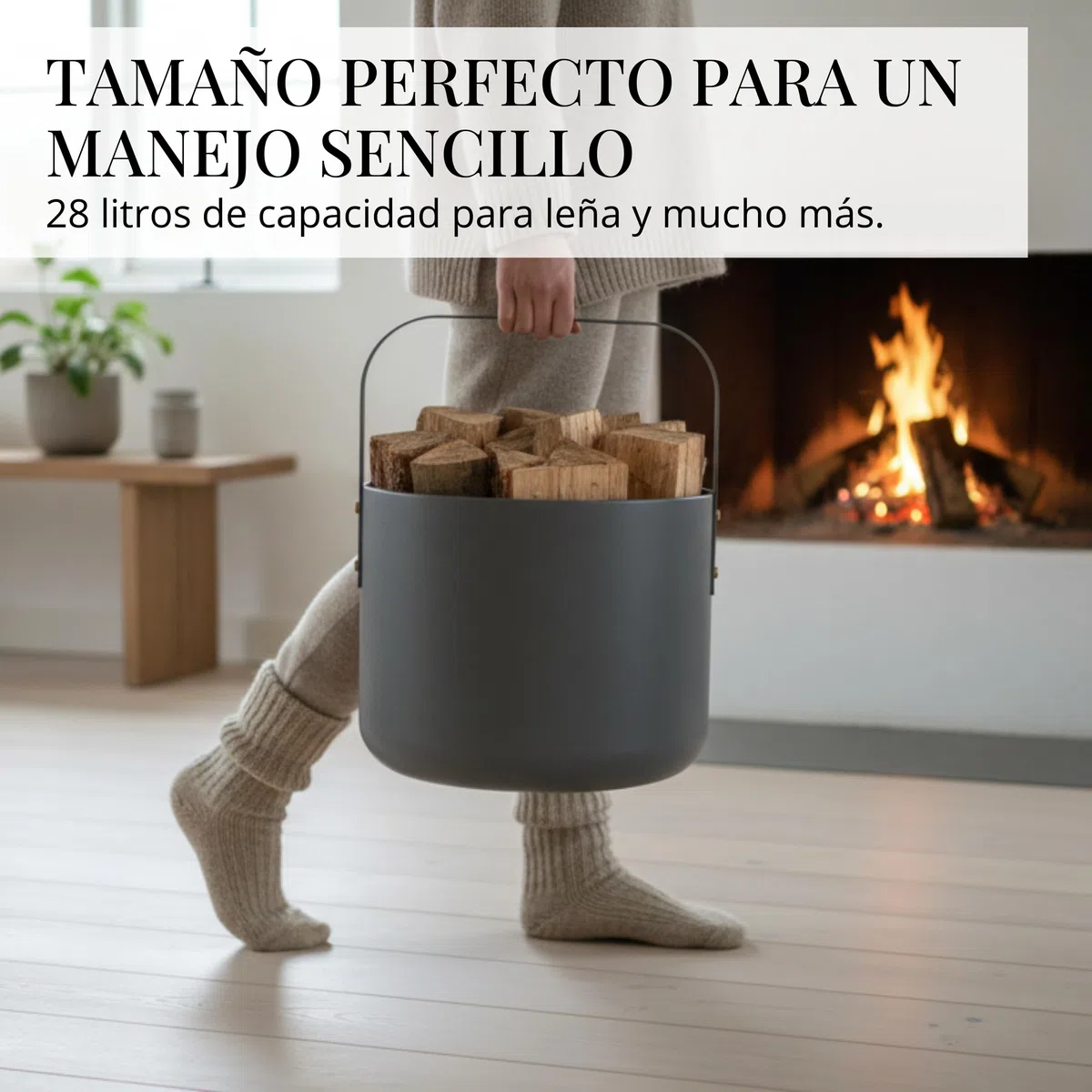 Cesta de diseño LIVLIG para leña de metal, cesta de madera para leña con asa, gran cesta para leña de 36 x 44 cm, cesta de leña como accesorio para chimenea, cesta de almacenamiento con aspecto mate