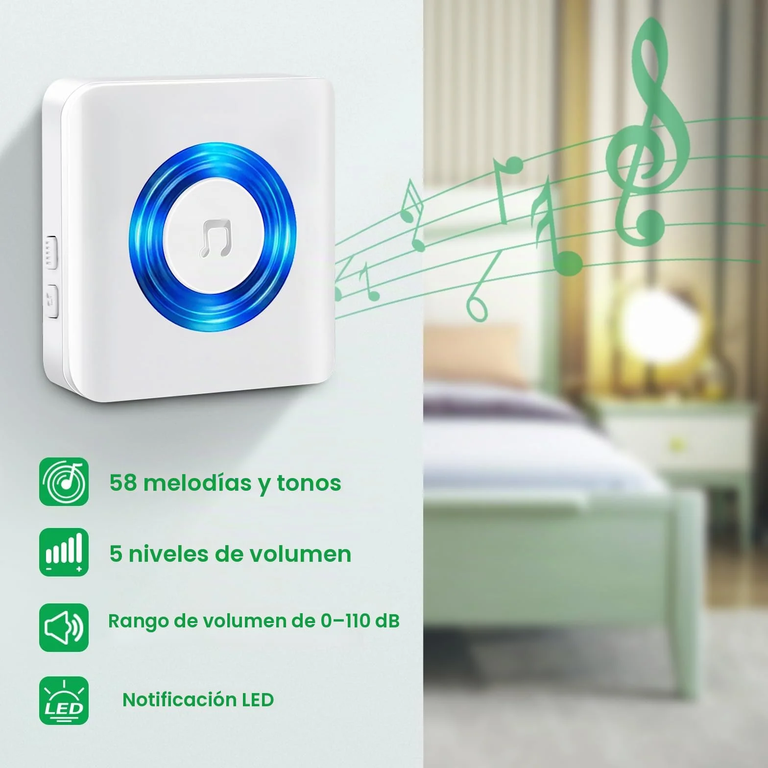 Satisure Timbre inalámbrico para exteriores, 4 receptores y 2 transmisores, 400 m/1300 pies, 58 melodías, timbre de puerta de casa para jardín, casa, oficina