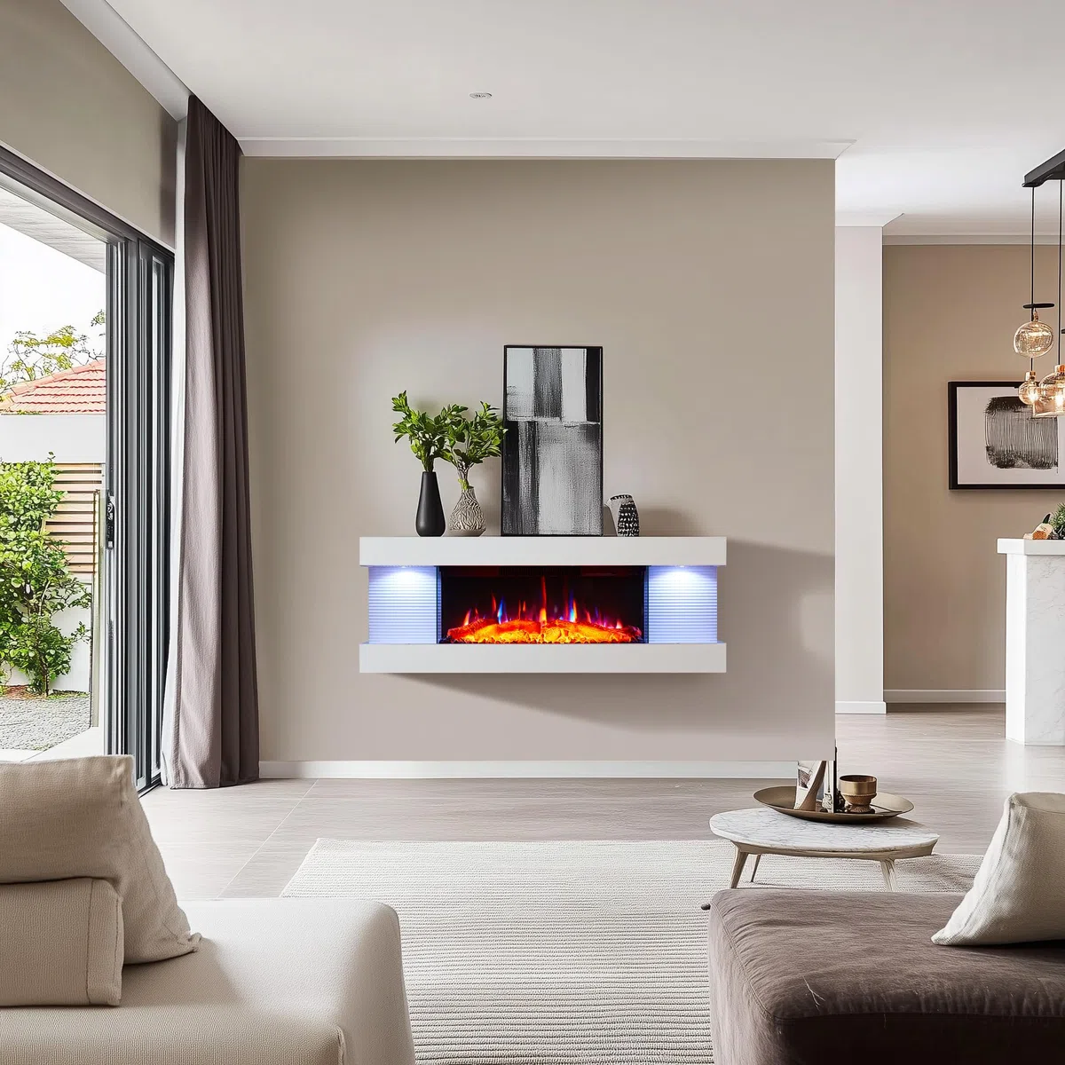 BALDERIA Lumina Chimenea Eléctrica de Pared Blanca con Llama LED 3D y Calefactor