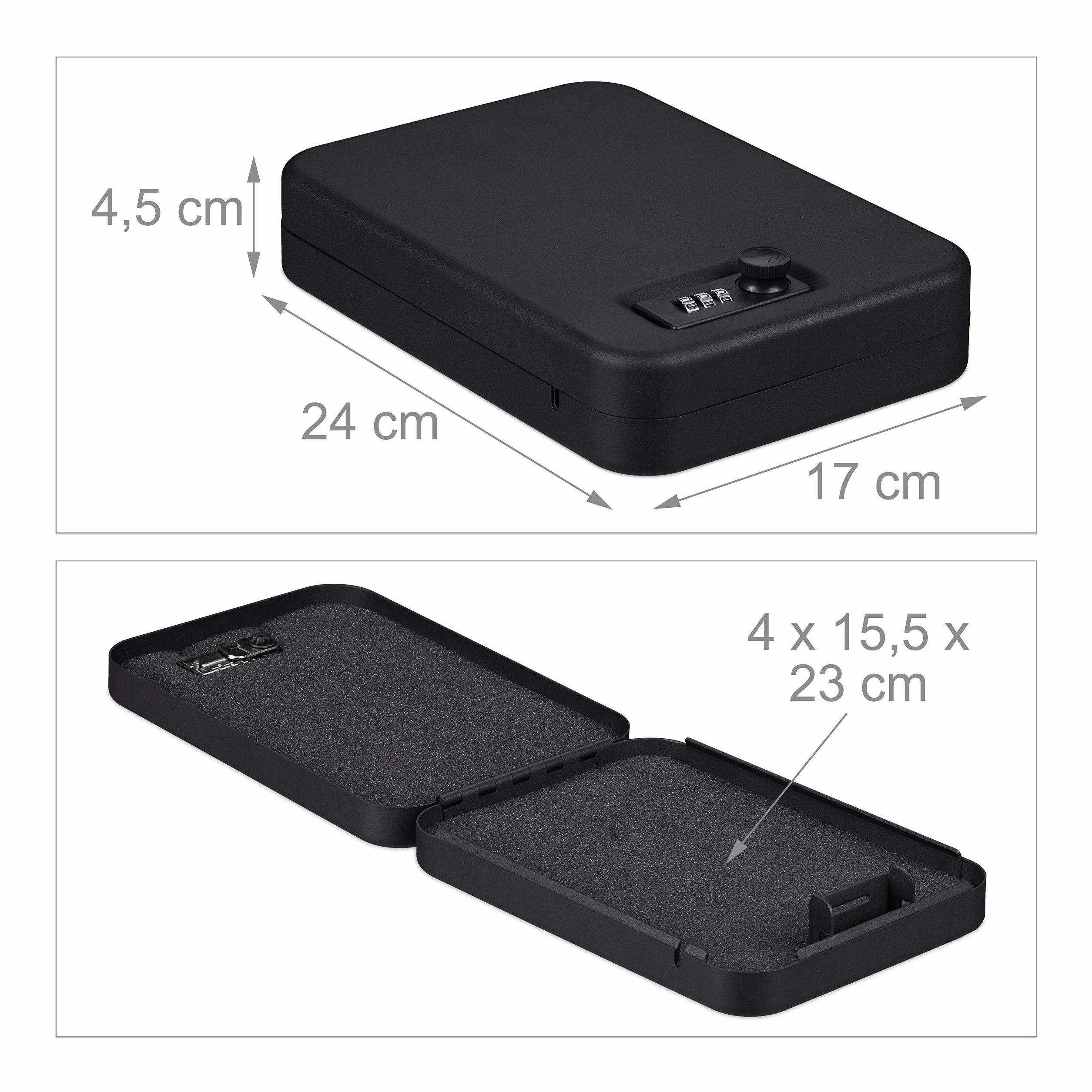 Relaxdays Caja Fuerte Portátil Seguridad Cerradura Combinación Cable Acero 4,5 x 17 x 24 cm Negro