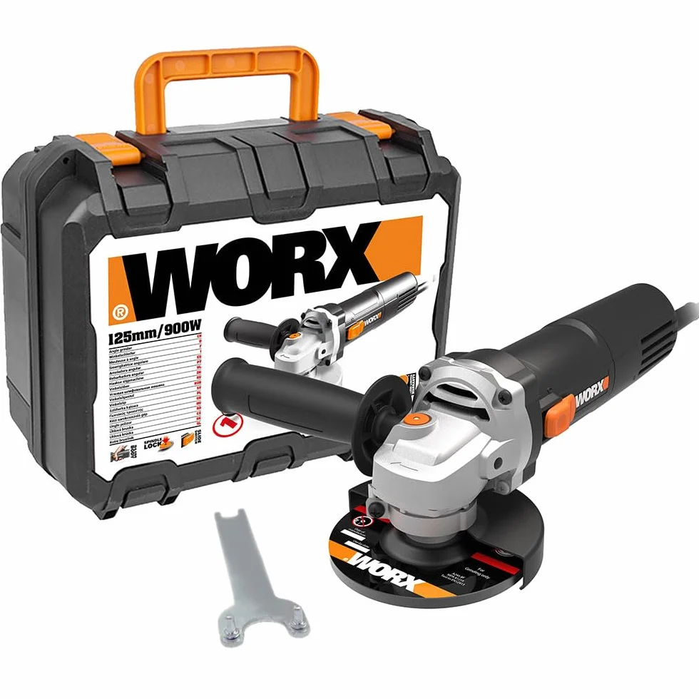 WORX Amoladora angular WX718 de 900 W. Amoladora compacta con mango ajustable y mango adicional sin vibraciones para lijar y cortar. Diámetro del disco de 125 mm. Velocidad de ralentí 12000/m