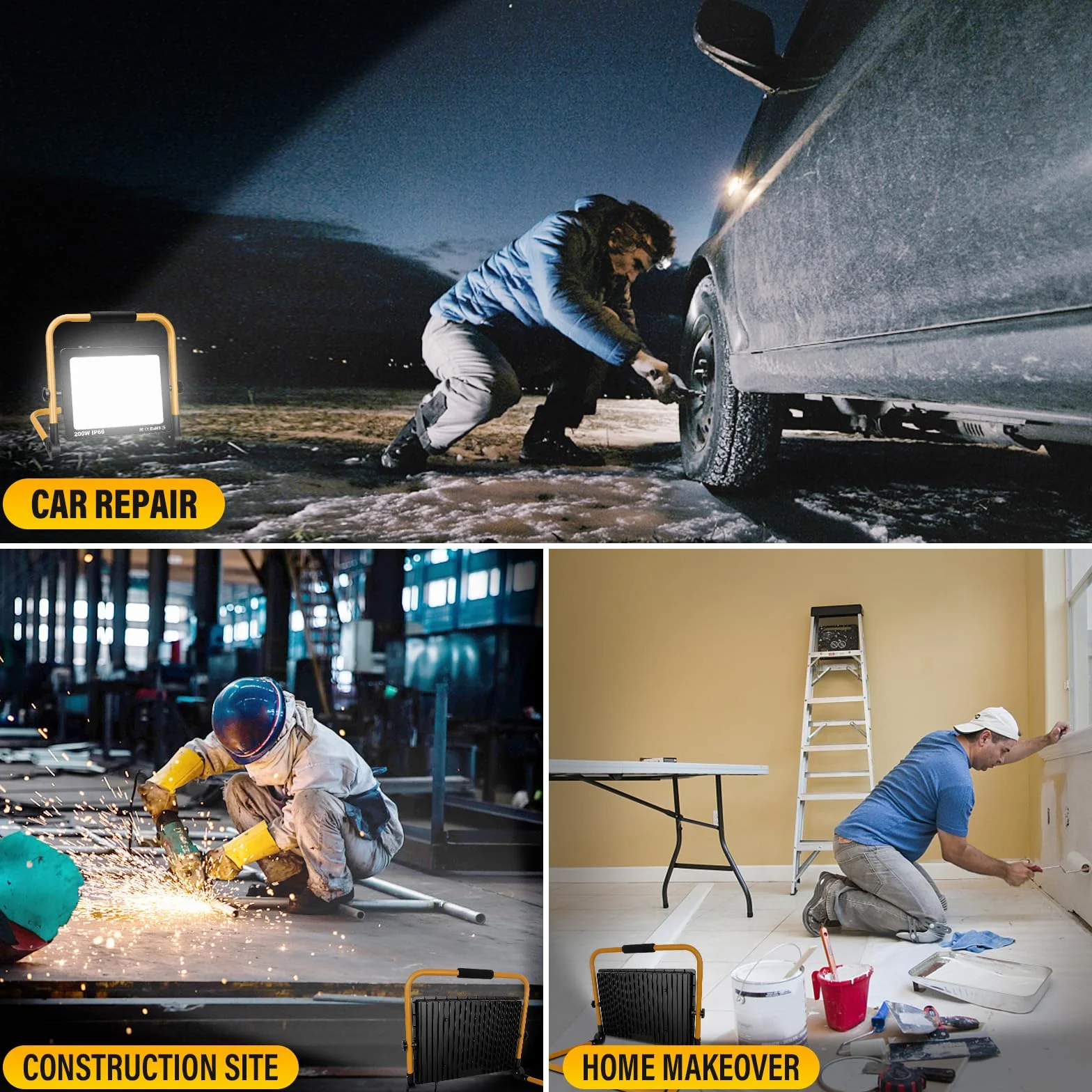RIGIDON Foco de Trabajo Led 200W, 20000LM Portatil Proyector Led, Soporte Plegable, IP66 Focos Lámpara Uso en Interiores y Exterior, Para Obra de construcción, Taller, Garaje, Jardín, 6000K Blanca