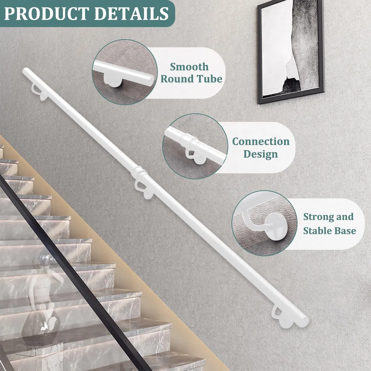 Pasamanos de escalera para interior y exterior, barandilla de escalera de tubo redondo de hierro galvanizado blanco con accesorios, barandilla de pared antideslizante(150cm)