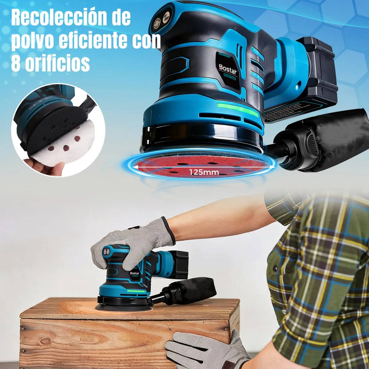 Bostar Lijadora Excéntrica Batería 18V, Ø125mm Motor Brushless, 2 Baterías 3.0Ah, Max. 21000 RPM, 6 Velocidades, Bolsa Polvo, Lijadora Orbital Inalámbrica Madera y Coche, Compatible Makita 18V