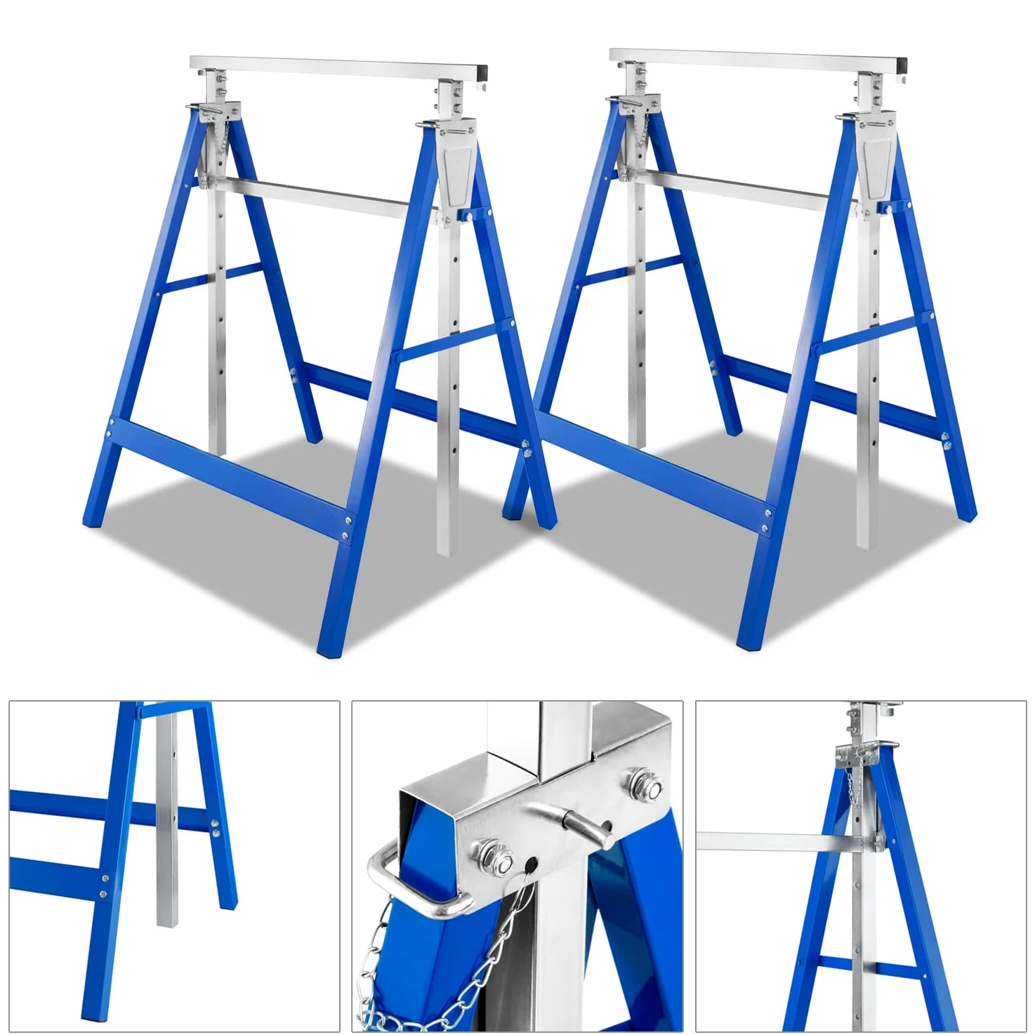 Jopassy Juego de 2 caballetes de trabajo, altura ajustable, plegable, capacidad de carga de 200 kg, estructura de metal, altura ajustable, 80 – 130 cm, soporte plegable (azul)