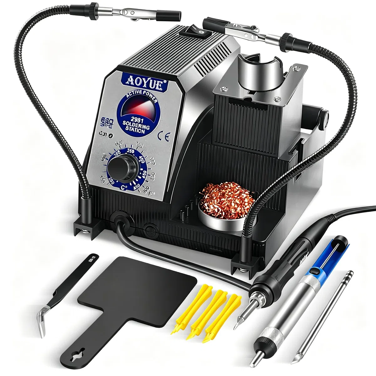 Aoyue 2981 - Kit de estación de soldadura de precisión de calentamiento rápido compatible con puntas de alimentación activas estilo T-12, voltaje seguro de 12 V, limpiador de puntas, soporte de bobina