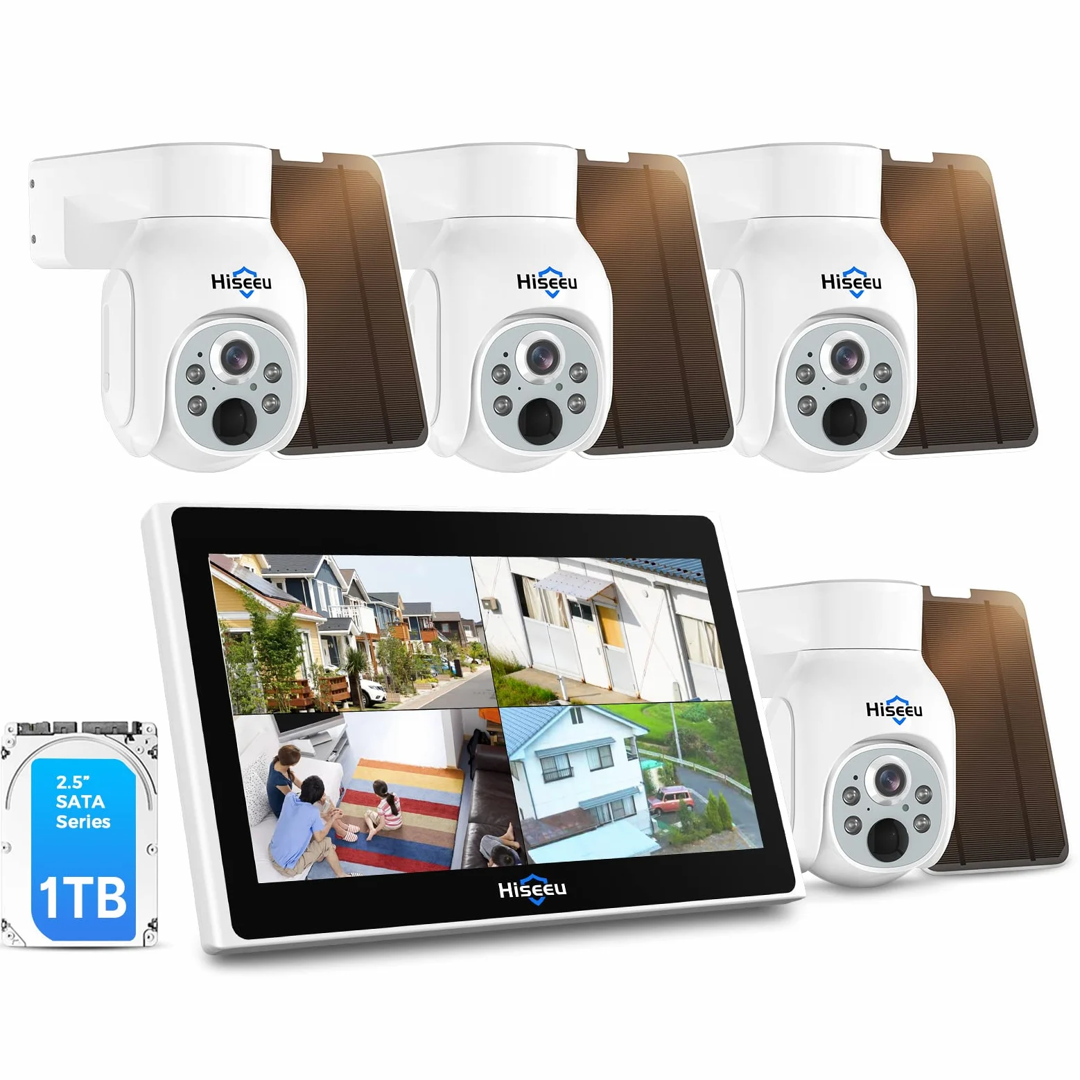 Hiseeu Solar Kit Cámara Vigilancia WiFi Exterior, 4X 4MP Solar Cámaras de Seguridad, 10CH NVR Sistema de Videovigilancia con 10" Monitor, Visión Nocturna, Detección de Movimiento, 1TB HDD