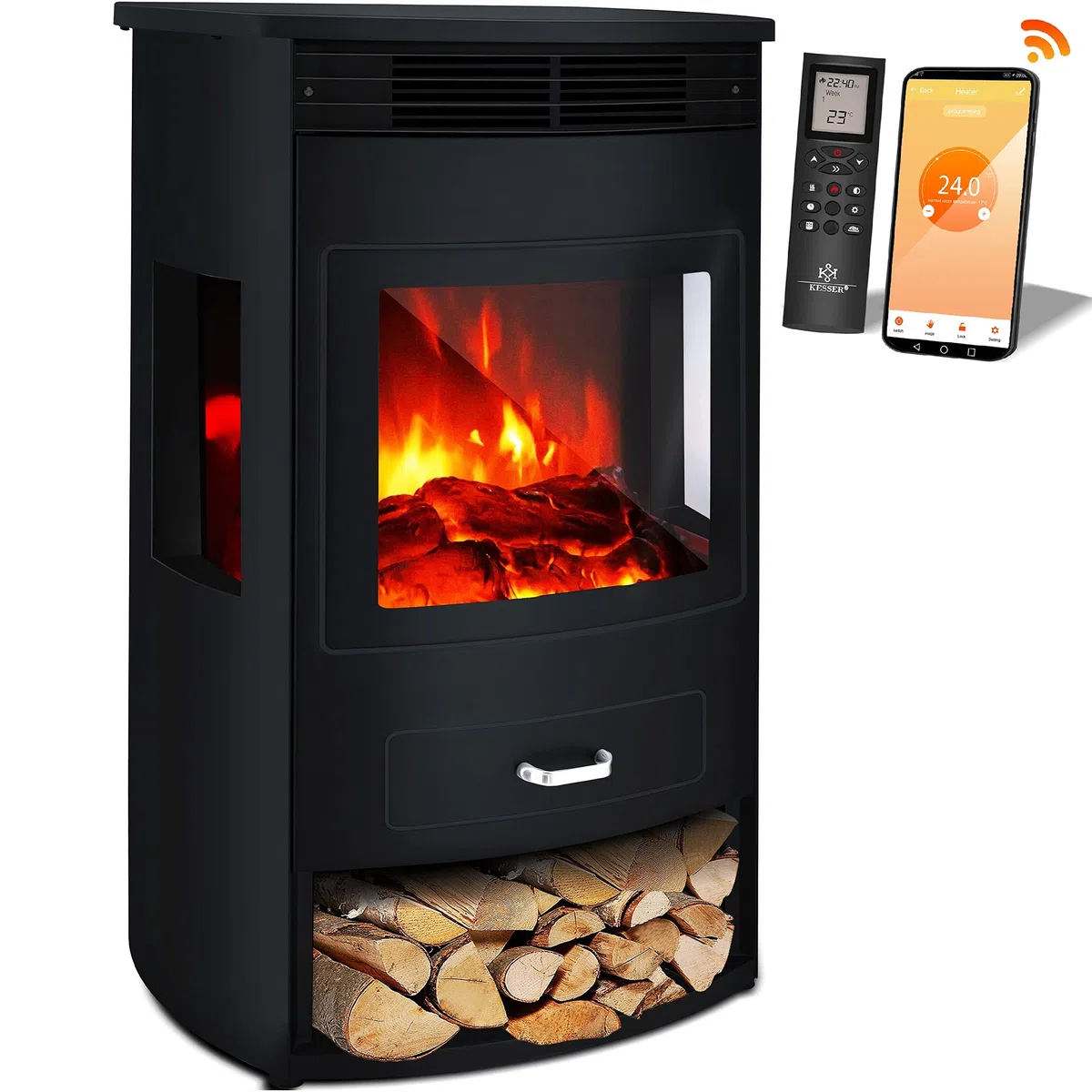 KESSER® Prio Chimenea Eléctrica 950/1900W con Calentador, Ventilador, Mando a Distancia, LED Efecto Llama, Termostato