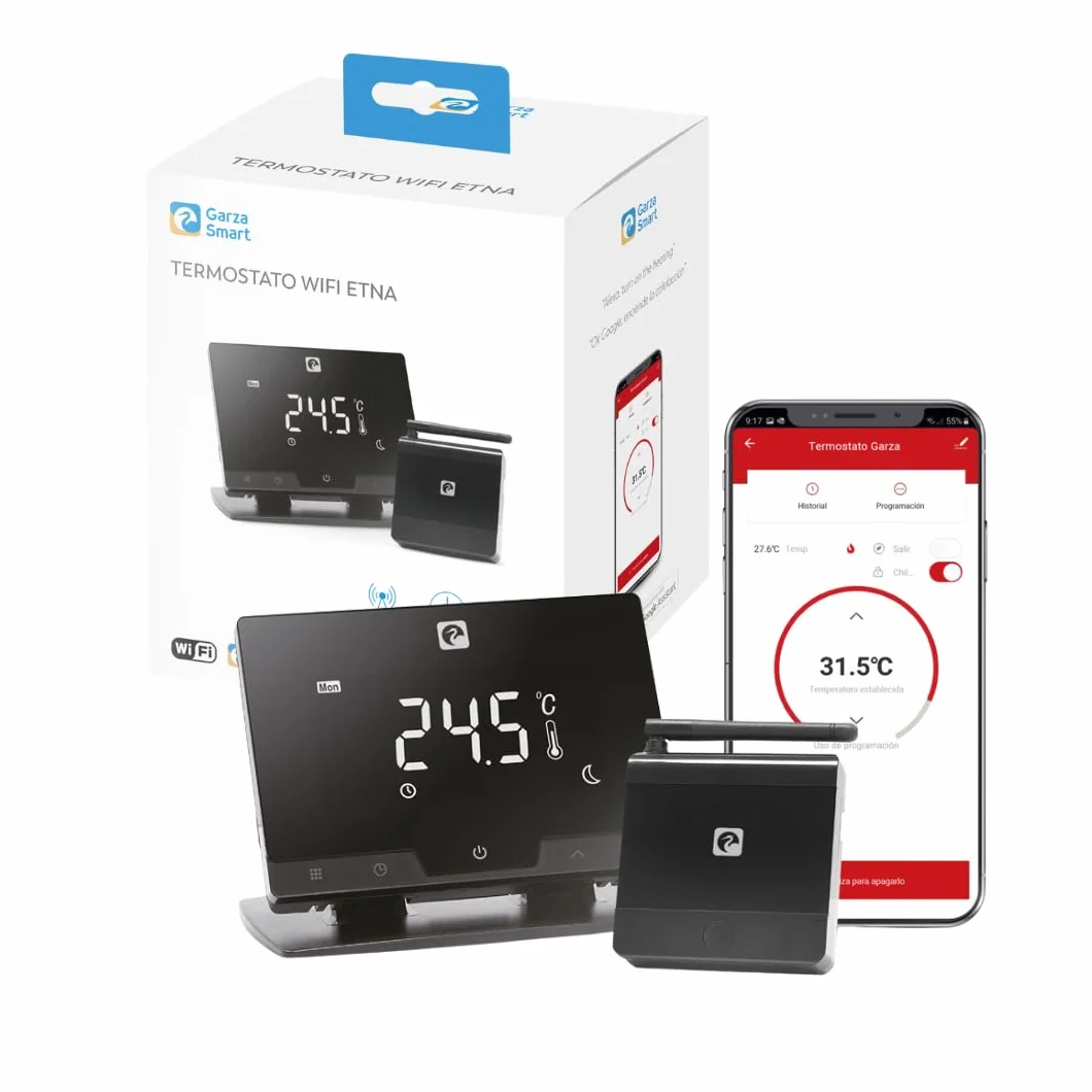 Garza - Termostato de 2 Hilos Wi-Fi Inteligente para Caldera y Calefacción, con Adaptador, Medidor Consumo, Control táctil, Detección Ventanas Abiertas, Control App y Voz, Alexa/Google