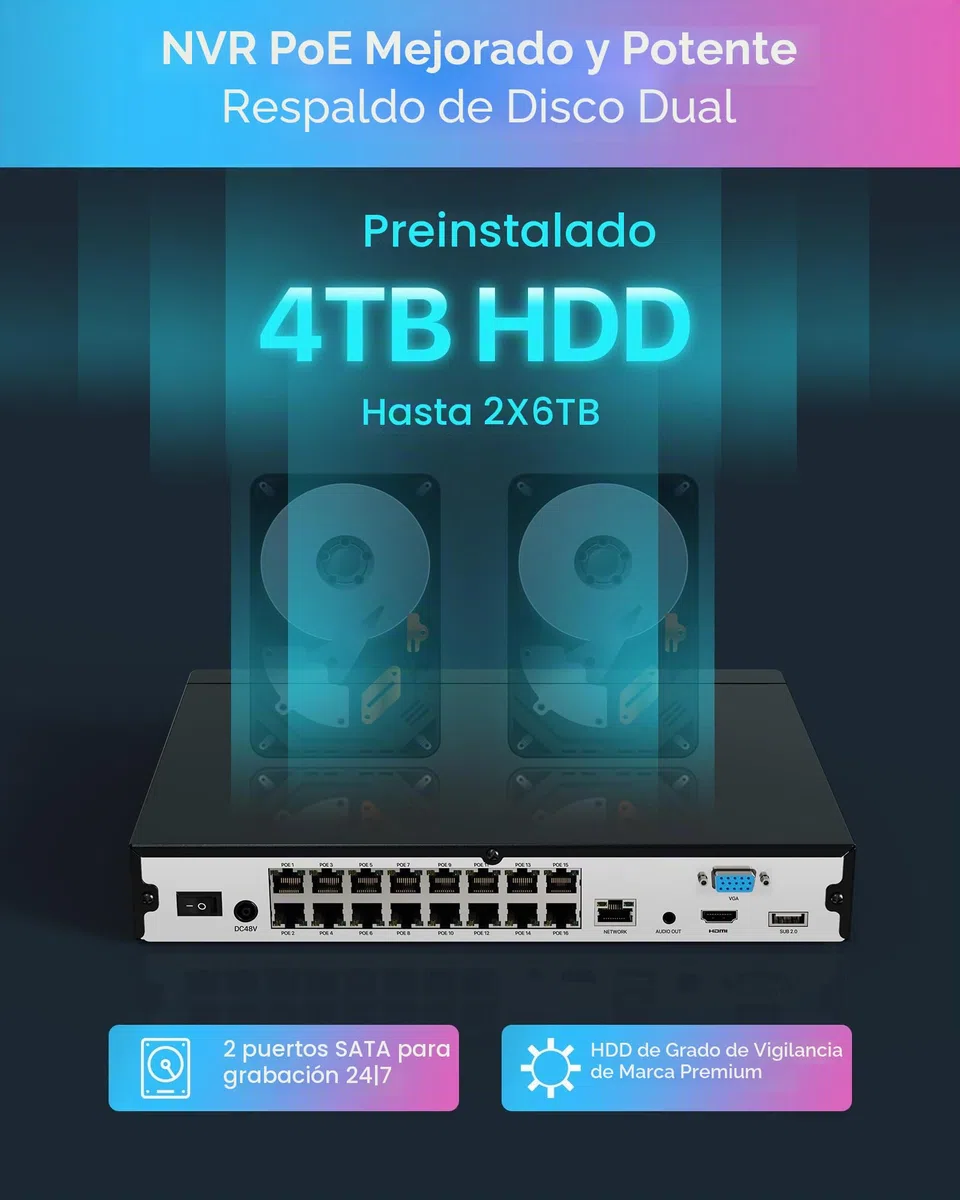 ZOSI 4K Kit Cámaras Vigilancia PoE 8MP 16CH Grabador NVR(Ampliable a 32CH) 4TB Disco Duro con 8X Cámara Seguridad Exterior, Visión Nocturna Color, Detección de Persona/Vehículo, Audio Bidireccional