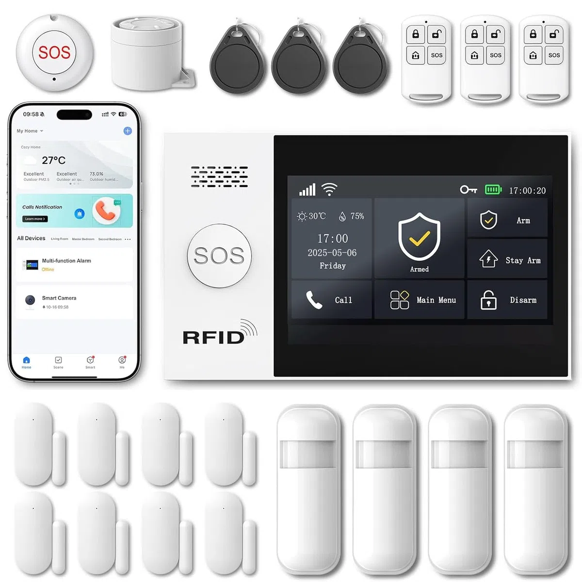XUK Kit Alarma Casa WiFi+4G Sin Cuotas, con Pantalla Táctil de 4,3", Detector PIR, Sensor de Puerta/Ventana y Sirena de 120 dB, Sistema de Alarma para Casa Compatible con App y Alexa. (Lote de 21)