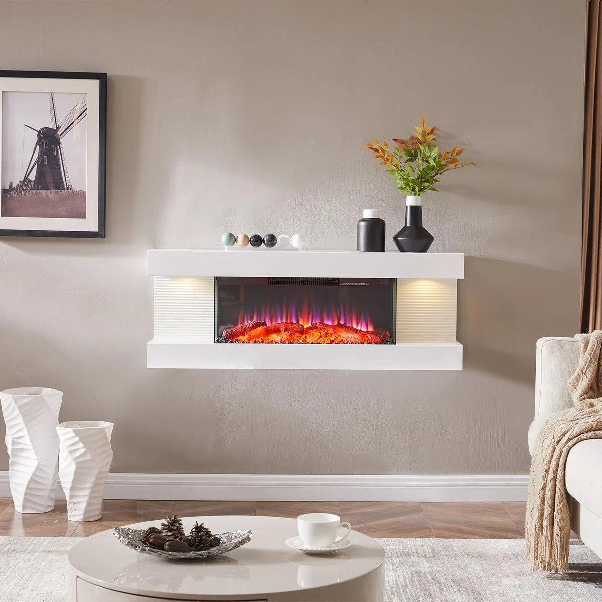 BALDERIA Lumina Chimenea Eléctrica de Pared Blanca con Llama LED 3D y Calefactor