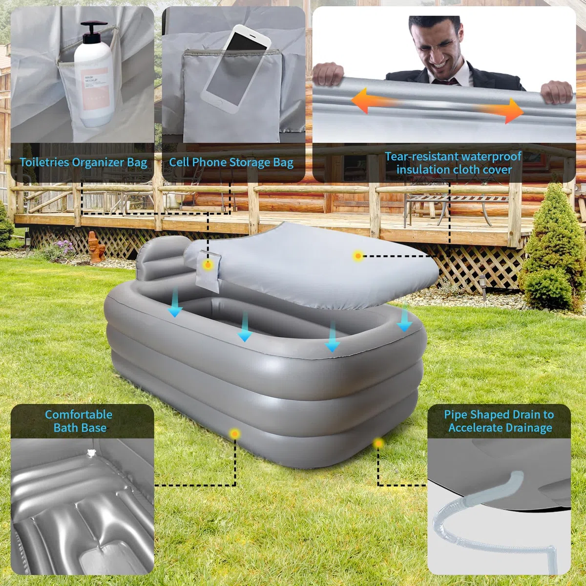 Nevife Bañera Hinchable Portátil para Adultos–Alta Capacidad, Plegable con Bomba Manual–Spa en Casa:Baño Helado o Agua Caliente–Ideal para Piso Pequeño,Alquiler,Balcón o Terraz,160x90cm (Gris Claro)