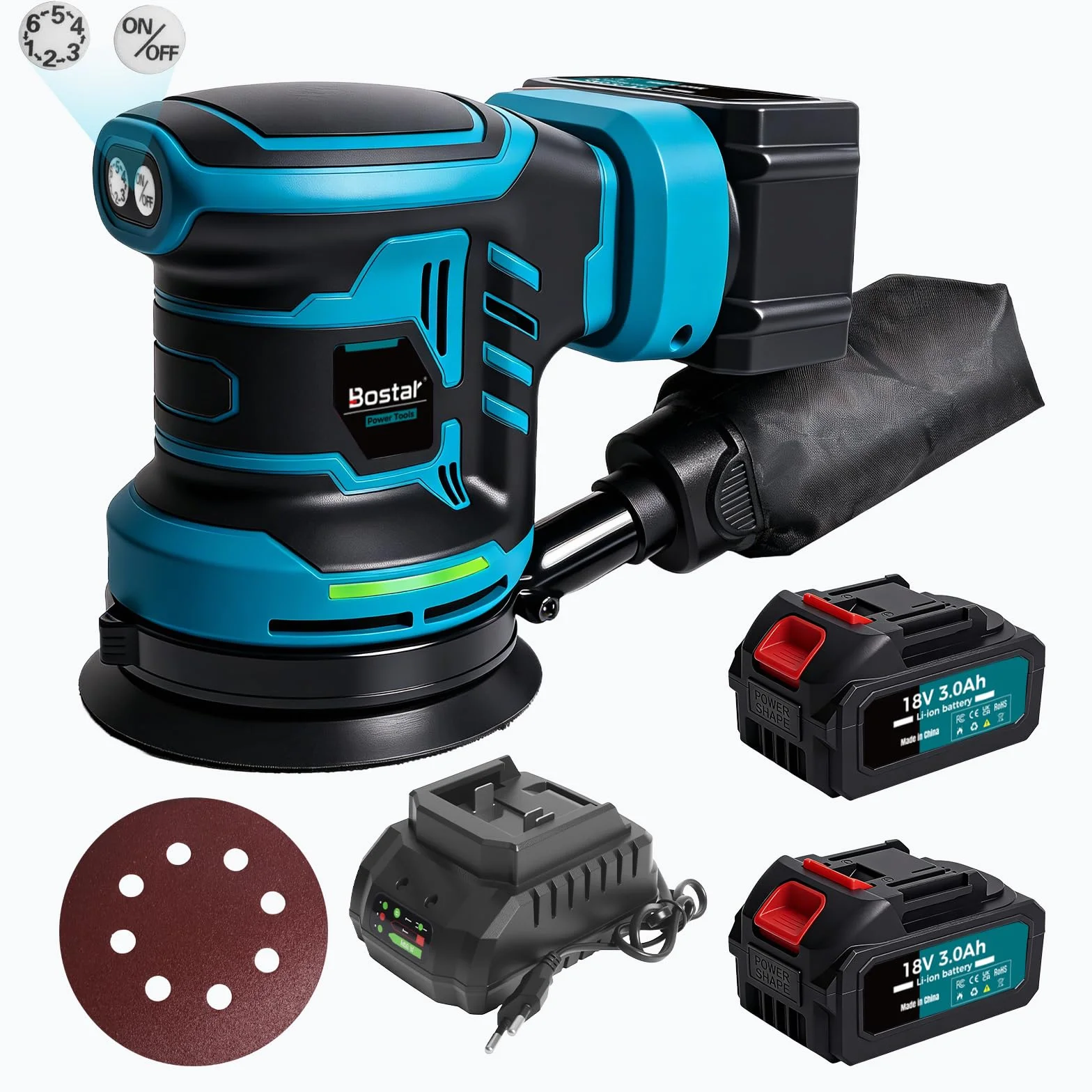 Bostar Lijadora Excéntrica Batería 18V, Ø125mm Motor Brushless, 2 Baterías 3.0Ah, Max. 21000 RPM, 6 Velocidades, Bolsa Polvo, Lijadora Orbital Inalámbrica Madera y Coche, Compatible Makita 18V