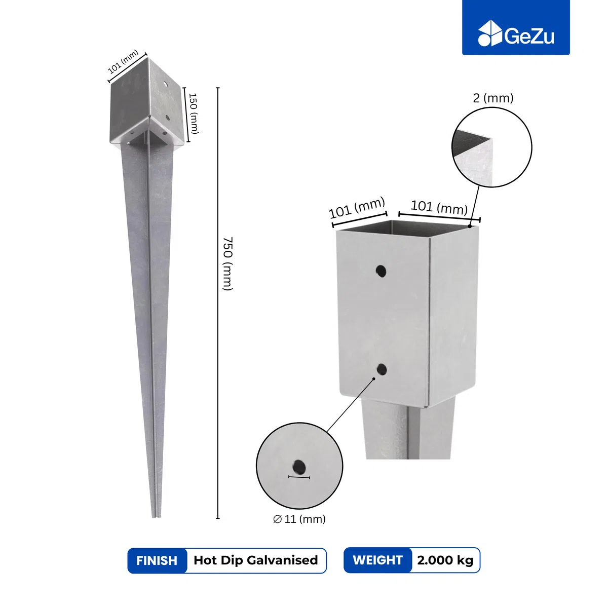 GeZu Impex Soporte para Poste 101 x 101 x 750 mm Galvanizado por Inmersión en Caliente Juego de 8 Fundas de Tierra con Punta de Anclaje para Soporte de Valla