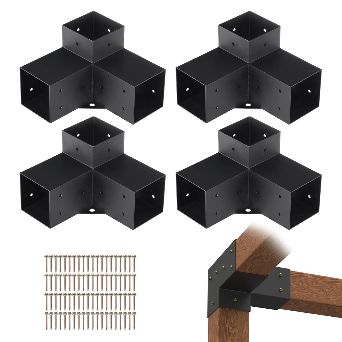 VEVOR 4PCS Kit de Soporte de Pérgola 4"x4" (10x10 cm) Soporte para Postes de Maderas 4 Soportes de Esquina de 3 Vías Postes de Madera Hardware de Bricolaje para Cenadores, Pérgolas de Patio, Cabañas
