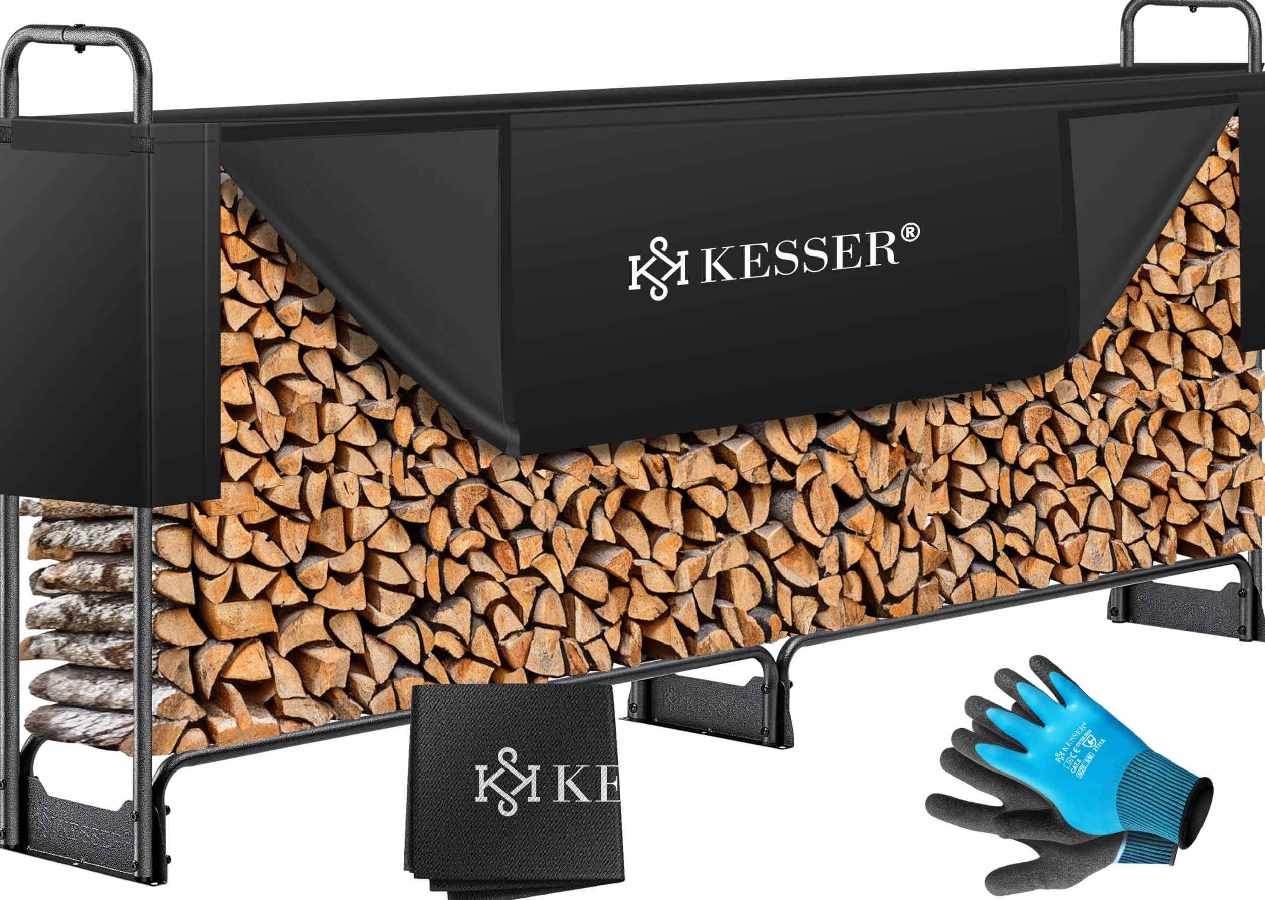 KESSER® Estanteria para leña Estanteria de metal para leña Exterior Estructura de acero + Funda y guantes Estanteria para leña 200kg Impermeable Almacenamiento de leña - 260 x 36 x 117cm