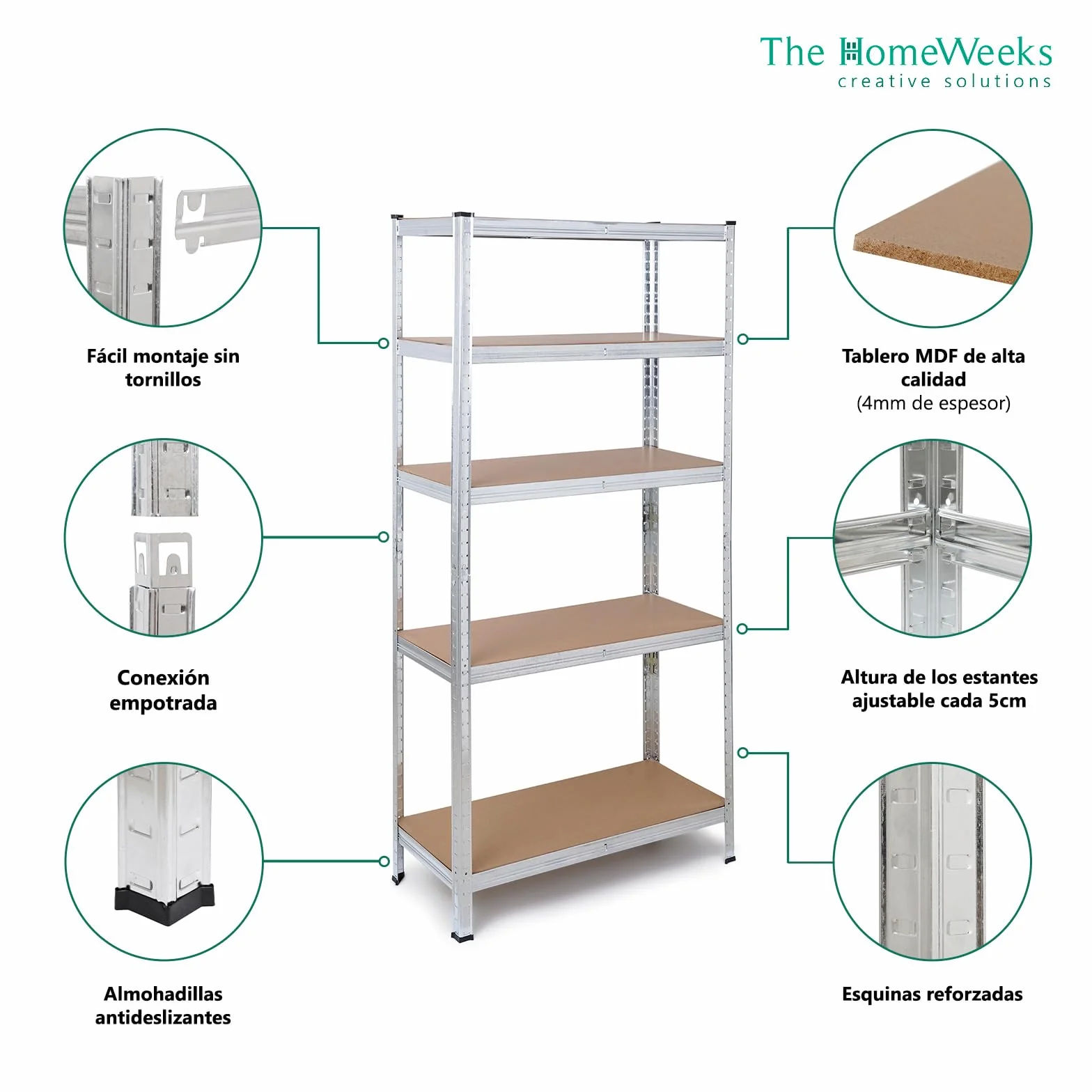 The Homeweeks Pack 2 Estanterías Almacenaje Metálicas 180 * 90 * 40cm | Acero Galvanizado | Modular 5 Baldas Ajustables | 175 kg por Estante 875 kg Total | Montaje Suelo | System Click & Push