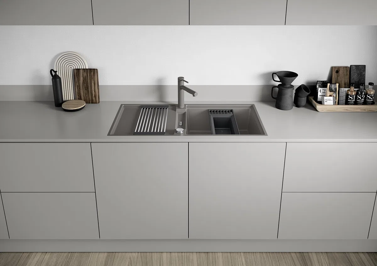 BLANCO Sink Drainer 2 en 1 | plástico negro gris | combinación multifuncional de marco y bandeja de resto con escurridor integrado | uso en todos los fregaderos Silgranit (40 cm de profundidad)