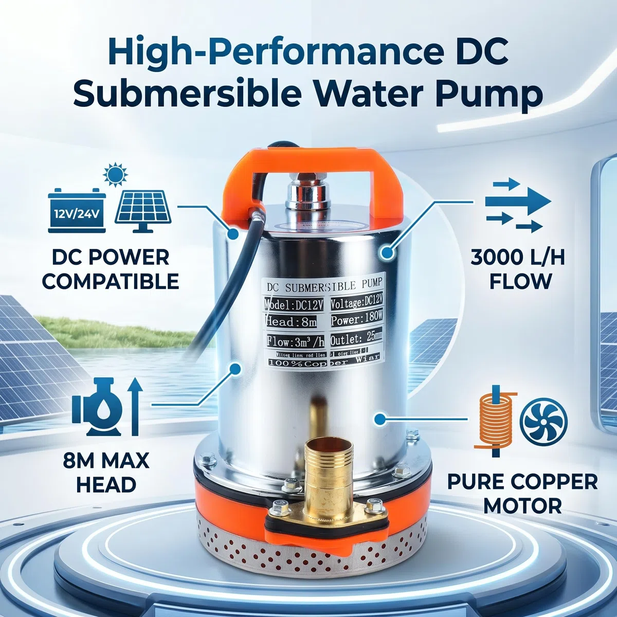 Bomba Sumergible de 12 V CC Bomba de Agua Solar Bomba de Agua Sumergible Solar con Batería Pequeña Ideal para Riego, Acuicultura y Drenaje de Piscinas, Elevación máxima: aprox. 8