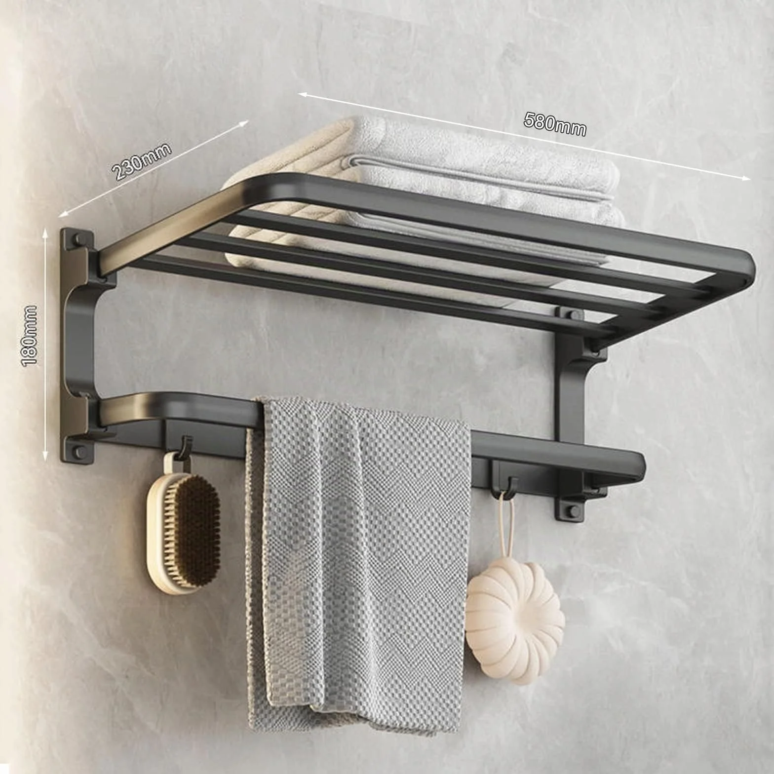 Toallero adhesivo de pared 58 cm negro, con 5 ganchos, para baño y cocina sin taladrar