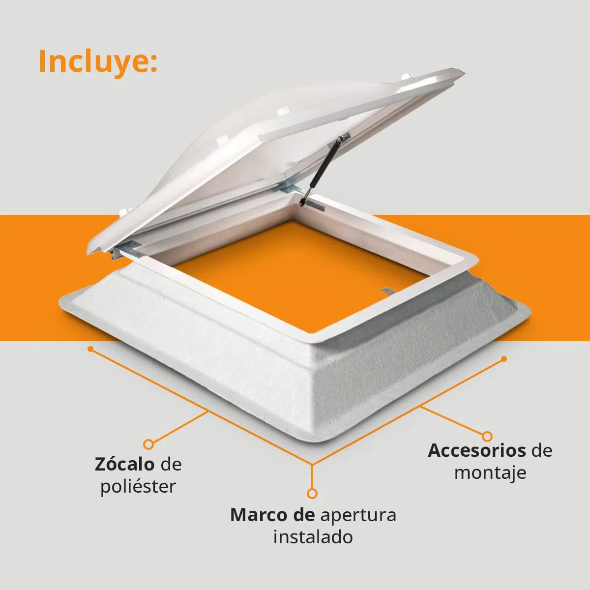 Claraboya Cuadrada para Techo Apertura Acceso - Bivalva - Incluye Cúpula, Zócalo de PVC y Accesorios para el Montaje - Anti-condensación - Tragaluz - AxB = 60 x 60 cm