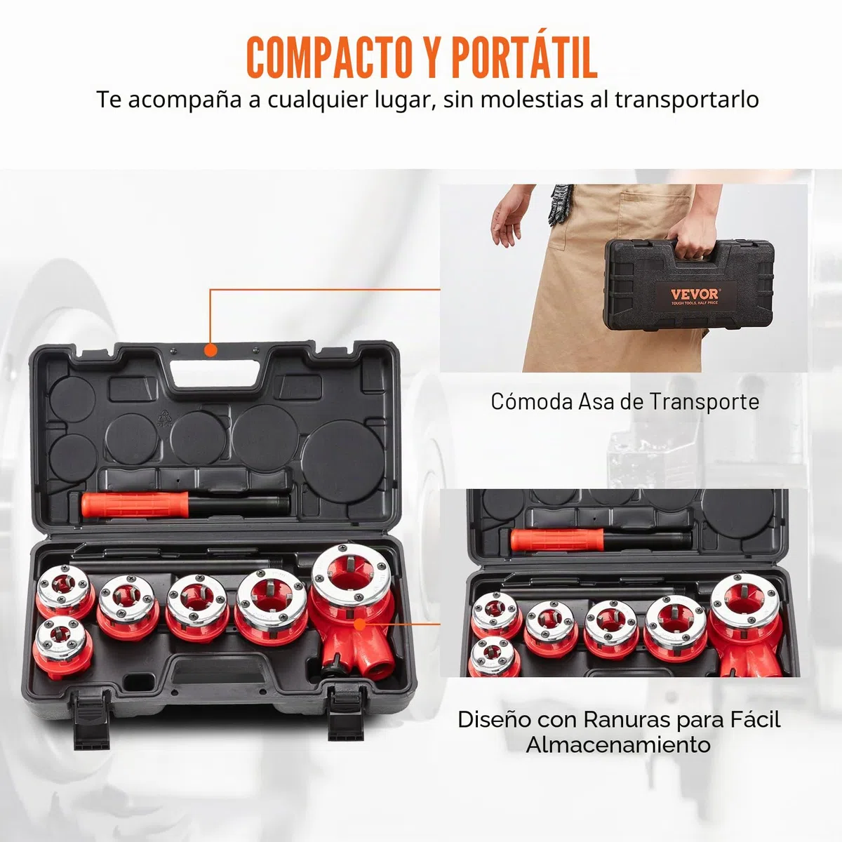 VEVOR Kit de Roscado de Tubos con Trinquete 1/4" NPT ~ 1-1/4" NPT Juego de Troqueles de Fontanero Manual Portátil 6 Troqueles NPT Estuche de Almacenamiento para Plomería Tubos de Aluminio Hierro Cobre