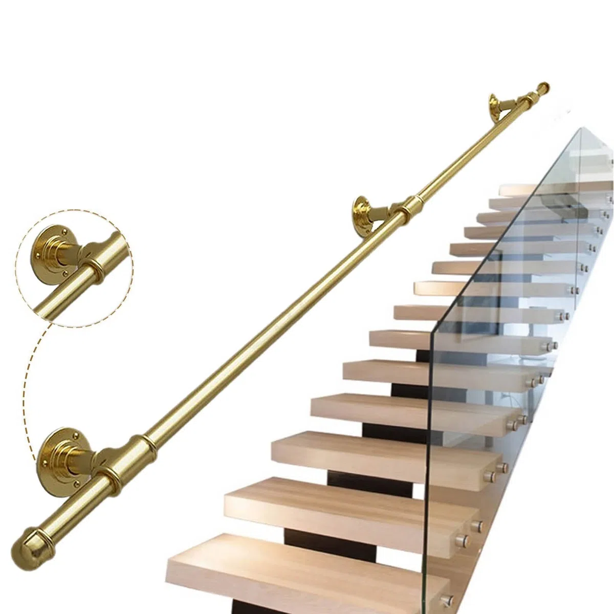 Pasamanos de barandilla de escaleras doradas - Kit completo, Pasamanos de escaleras para interiores y exteriores Barandilla de barra de apoyo, Pasamanos de pasillo de baño Pasamanos con soportes de pa
