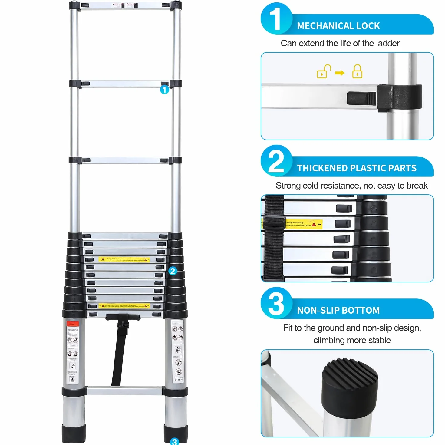 Escalera telescópica de Aluminio de 3,2 m, Interruptor de Seguridad de Varios Niveles, portátil, Antideslizante, Multiusos, Carga máxima de 150 kg