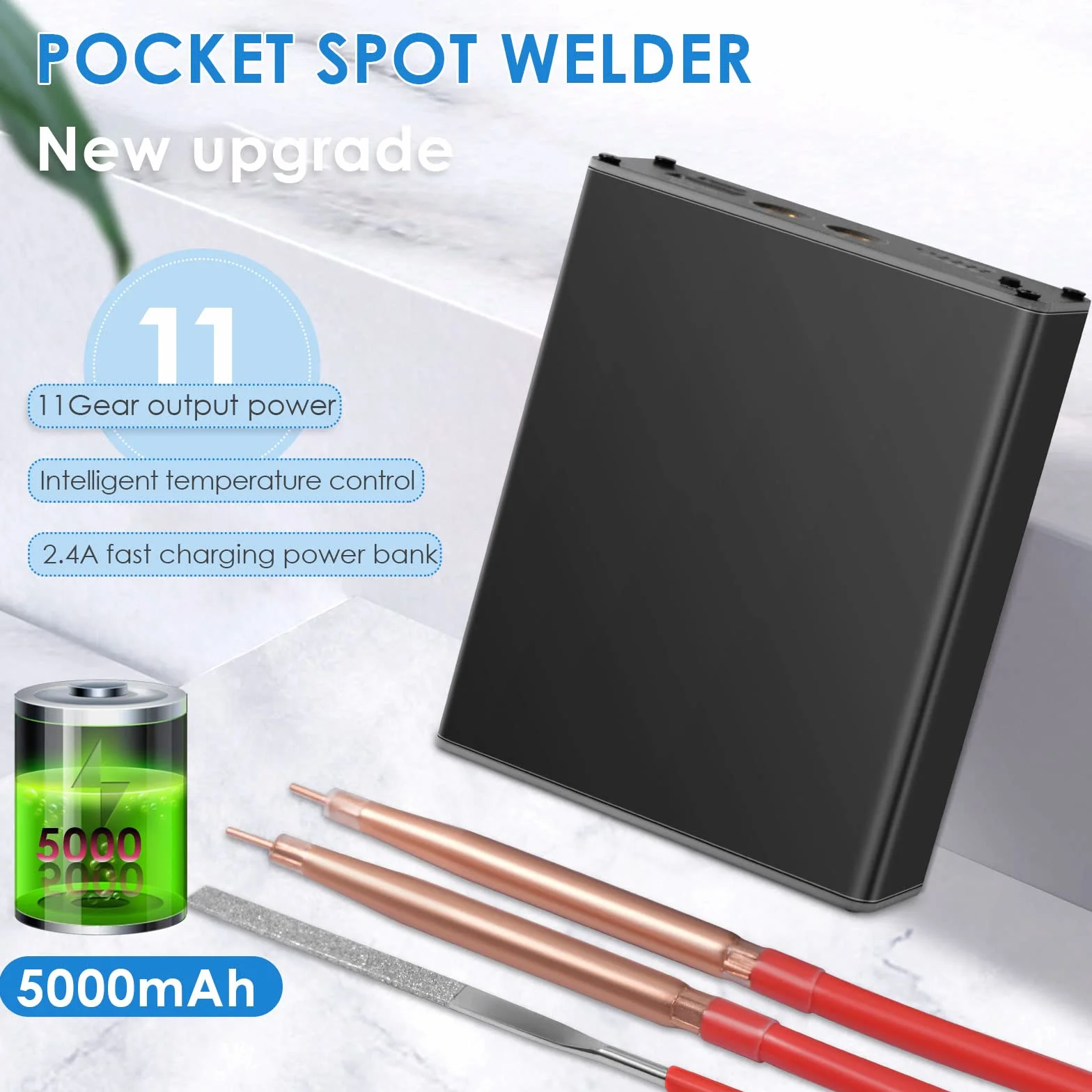 Soldador por Puntos, VAYOTOY Mini Soldador Puntos Maquina Soldadura de Punto Portatil con engranajes ajustables,Batería Recargable de 5000 mAh, 2 Bolígrafos de Soldadura, Hoja de níquel de 200 cm