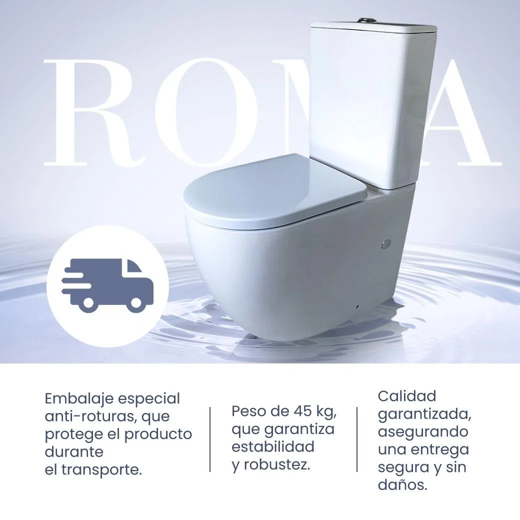 Inodoro Completo Moderno, Inodoro Blanco, Retrete para Hogar, Sistema Rimless Antibacterias, Tapa Dura Extrafina Amortiguada Salida Dual, Material UF Resistente