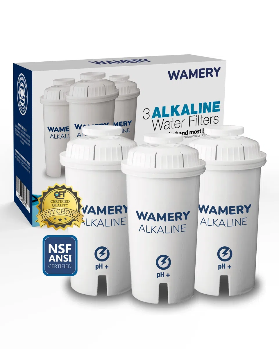 Wamery Reemplazo del Filtro de Agua 3-Pack. Se Adapta a jarras Brita. Purificador y Ionizador. Certificado NSF/ANSI. Reduce el Cloro y los Metales Duros del Agua.