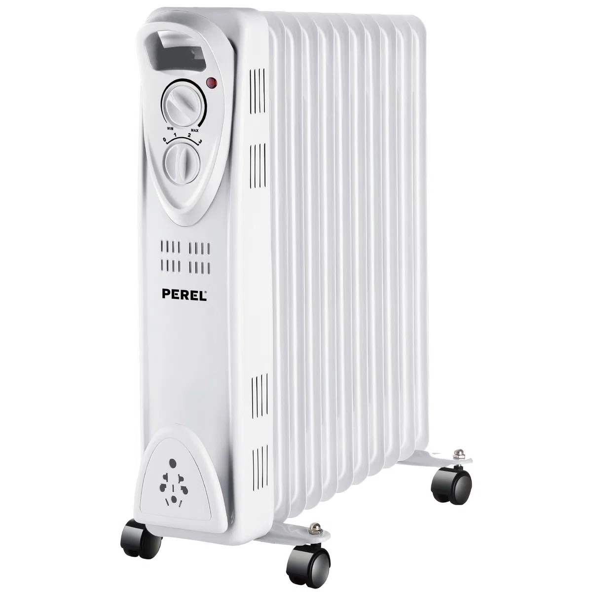 Perel Radiador de aceite de 2500W con 11 elementos, 3 niveles de calor, termostato ajustable, asa, ruedas, protección contra sobrecalentamiento y vuelco, calefactor portátil, silencioso y eficiente