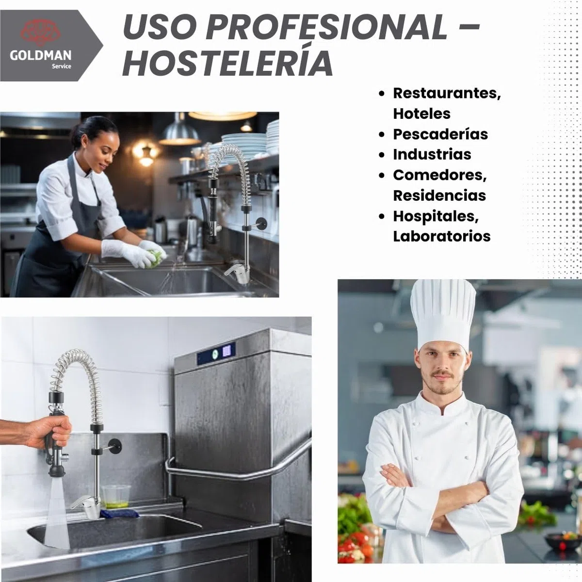 GOLDMAN SERVICE | Grifo Pulverizador Profesional Fregadero Cocina Industrial y Hogar | Mango Ergonómico Eco Saver | Cabezal Rociador Acero Inoxidable Hostelería Restaurantes