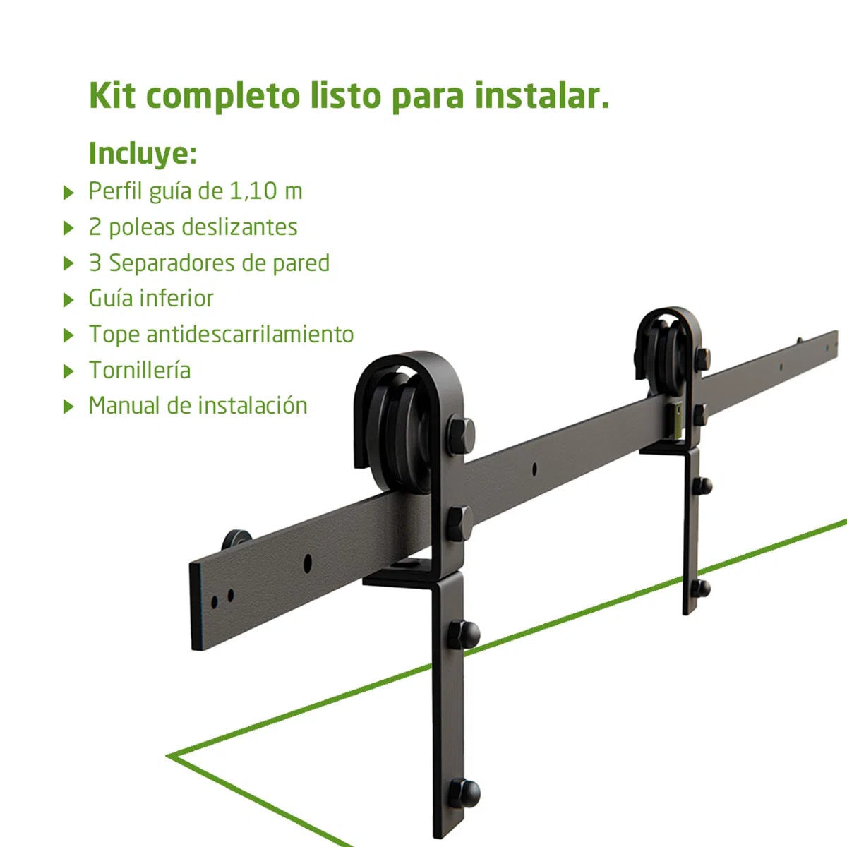 Amig - Kit puerta corredera plegable - Guía 110 cm acero negro - Resistencia hasta 40 kg - Estable y compacto - Deslizamiento silencioso y estable - Mod. SD006
