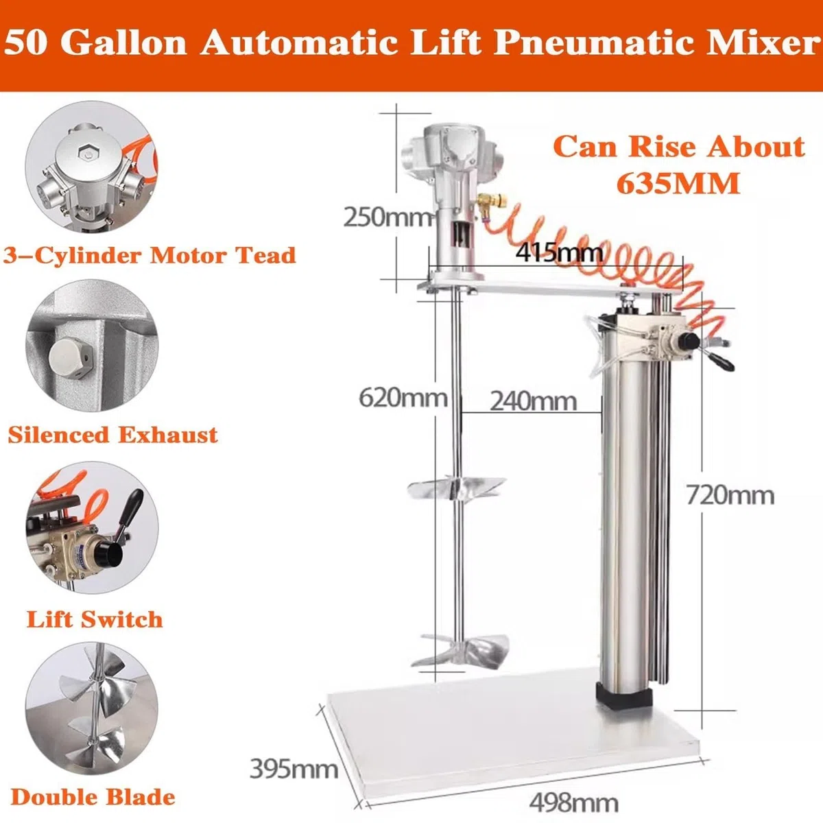 Mezclador Neumático De Pintura con Soporte, Impulsor Neumático De Acero Inoxidable, Elevación Automática, Agitador Neumático para Materiales De Recubrimiento De Pintura.,
