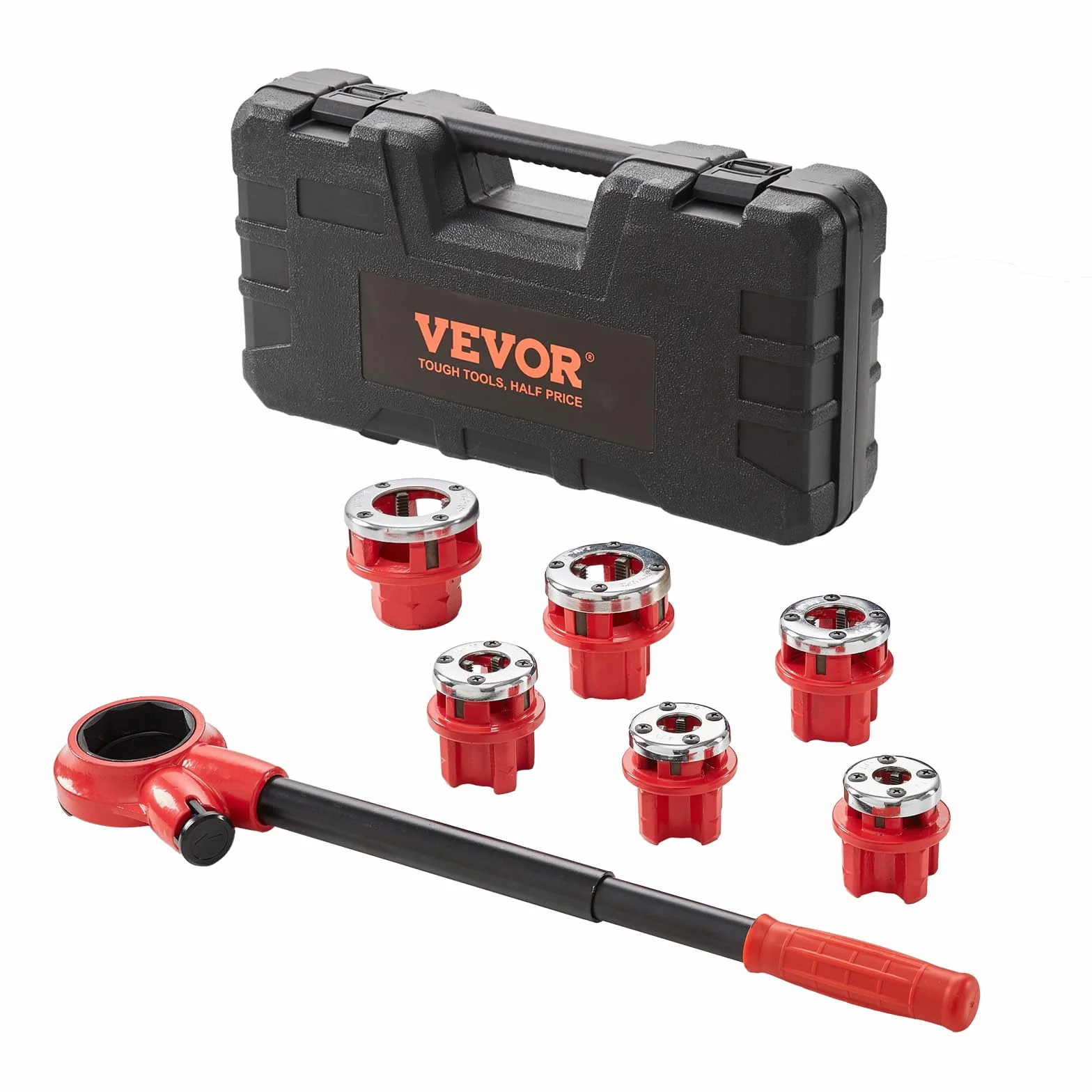 VEVOR Kit de Roscado de Tubos con Trinquete 1/4" NPT ~ 1-1/4" NPT Juego de Troqueles de Fontanero Manual Portátil 6 Troqueles NPT Estuche de Almacenamiento para Plomería Tubos de Aluminio Hierro Cobre