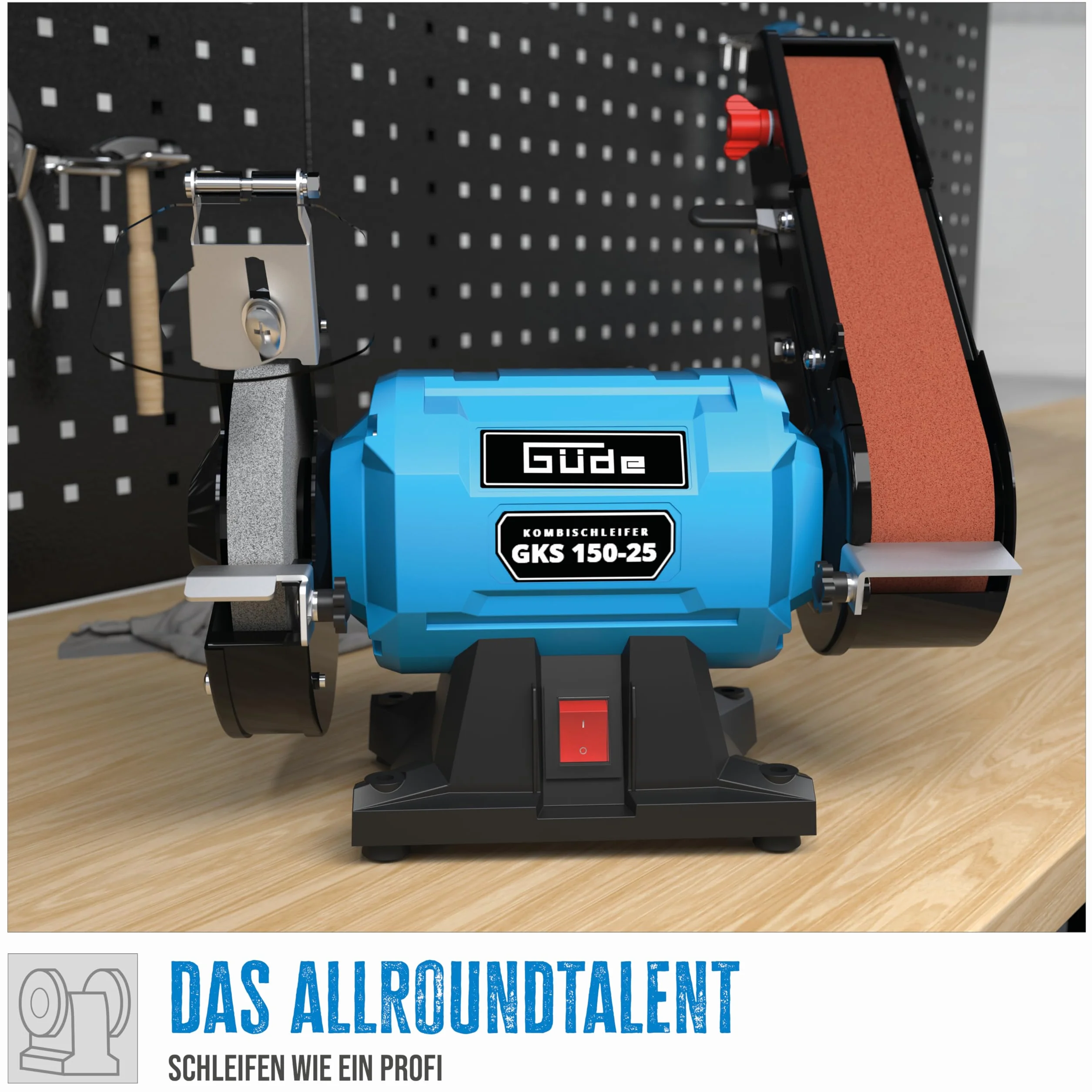 Güde Lijadora combinada GKS 150-25 (250 W, 2980 1/min, motor de condensador, pie de máquina estable, dispositivo de protección contra chispas ajustable, disco abrasivo fino Ø 150 mm 36 K, banda de