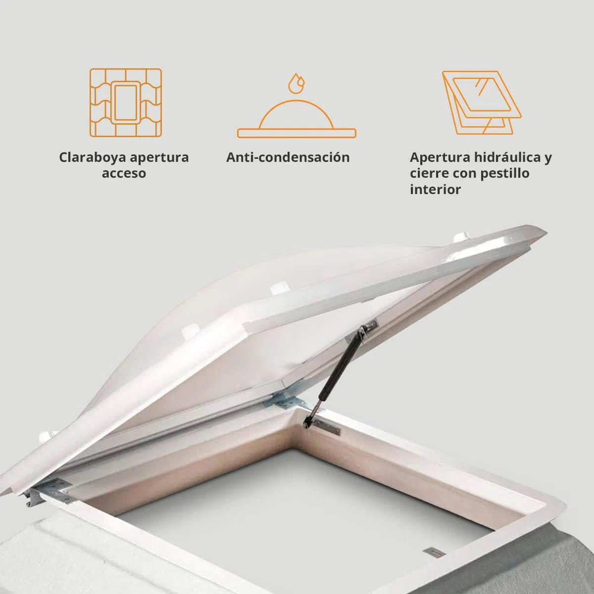 Claraboya Cuadrada para Techo Apertura Acceso - Bivalva - Incluye Cúpula, Zócalo de PVC y Accesorios para el Montaje - Anti-condensación - Tragaluz - AxB = 60 x 60 cm