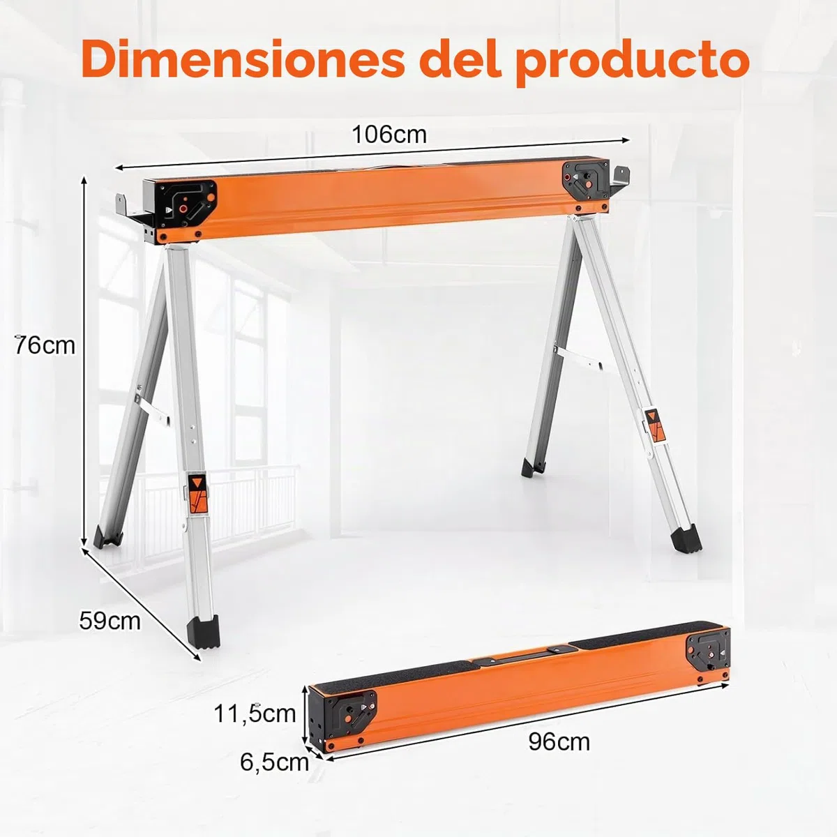 FANTASK Juego de 2 bloques de sierra plegables, caballetes de trabajo portátiles, robustos soportes de metal para carpintería, caballete de sierra con mango, soporta hasta 500 kg