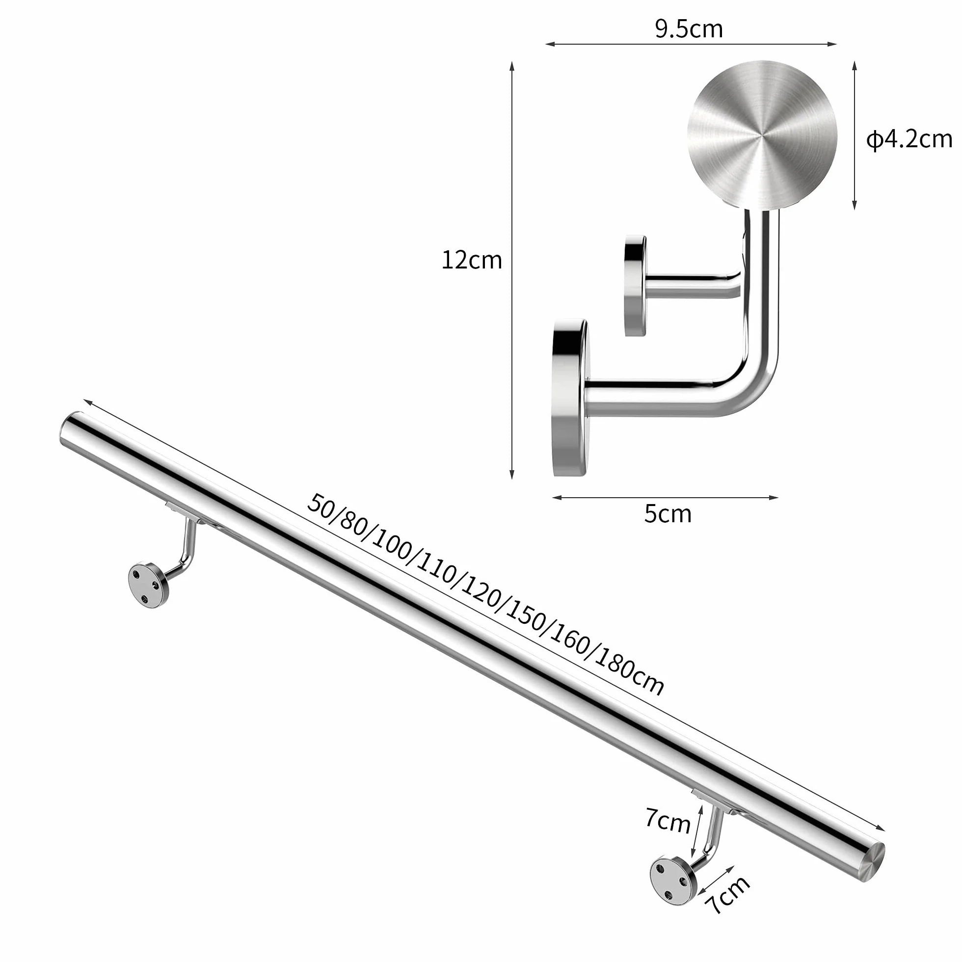 Fiqops Pasamanos de acero inoxidable, 150 cm de diámetro, 42 mm de diámetro, pasamanos de pared, escaleras para exterior e interior, estable, incluye soportes de pared, material de montaje