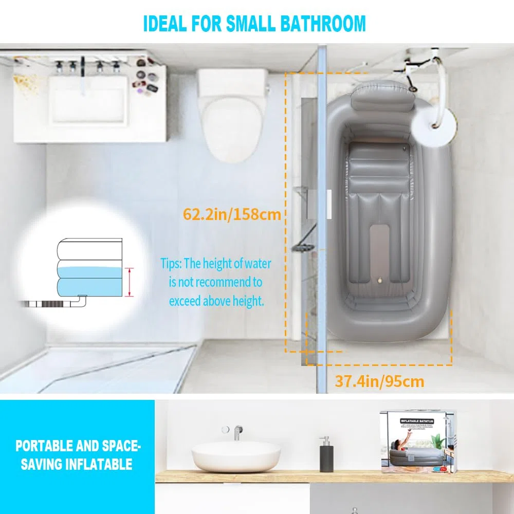 Nevife Bañera Hinchable Portátil para Adultos–Alta Capacidad, Plegable con Bomba Manual–Spa en Casa:Baño Helado o Agua Caliente–Ideal para Piso Pequeño,Alquiler,Balcón o Terraz,160x90cm (Gris Claro)