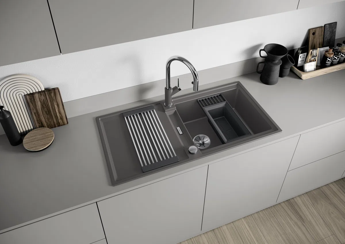 BLANCO Sink Drainer 2 en 1 | plástico negro gris | combinación multifuncional de marco y bandeja de resto con escurridor integrado | uso en todos los fregaderos Silgranit (40 cm de profundidad)