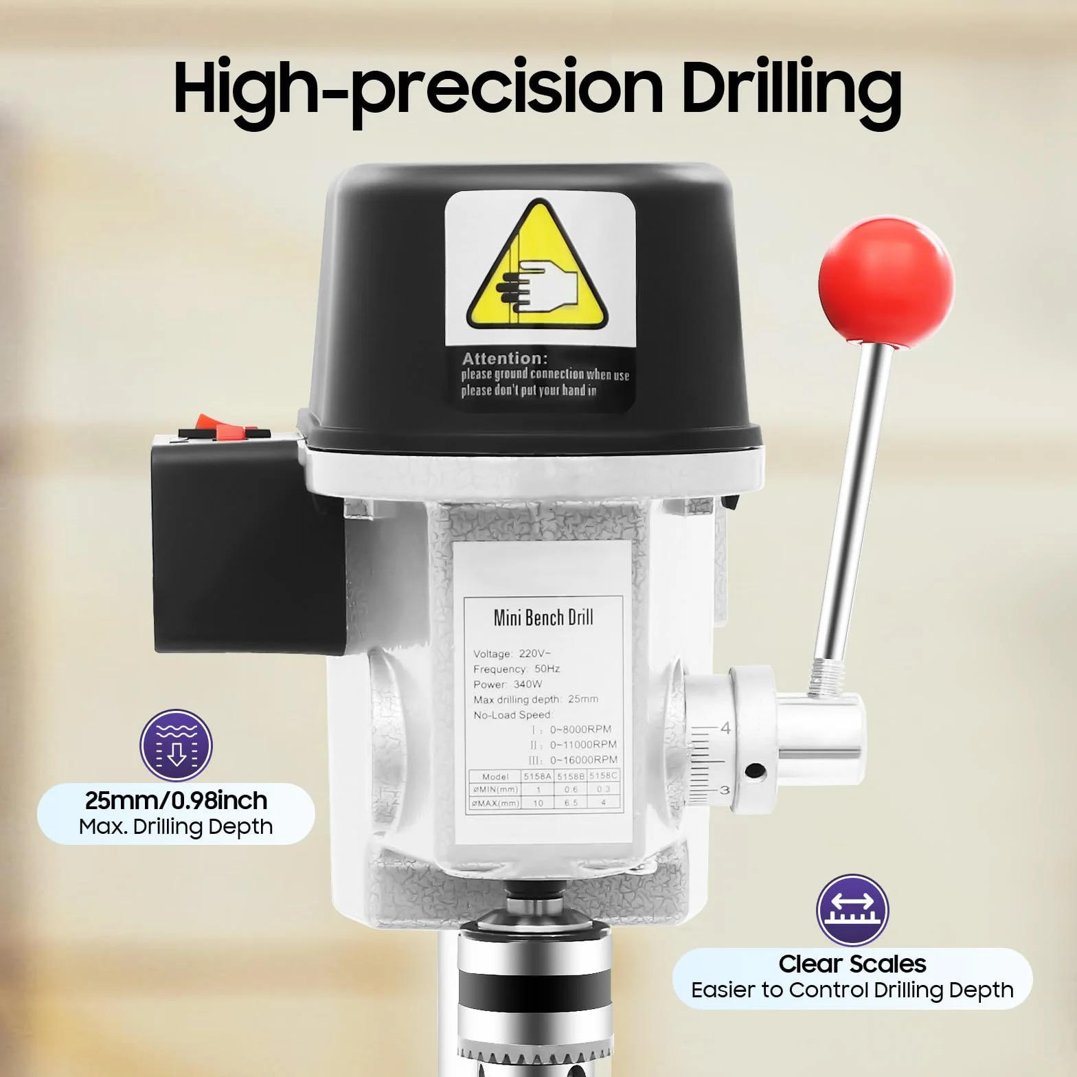 Mini taladro de columna, 340 W, tres velocidades con tope de profundidad, regulación de velocidad sin niveles, mini taladro de mesa, taladro portátil, madera, placa de plástico