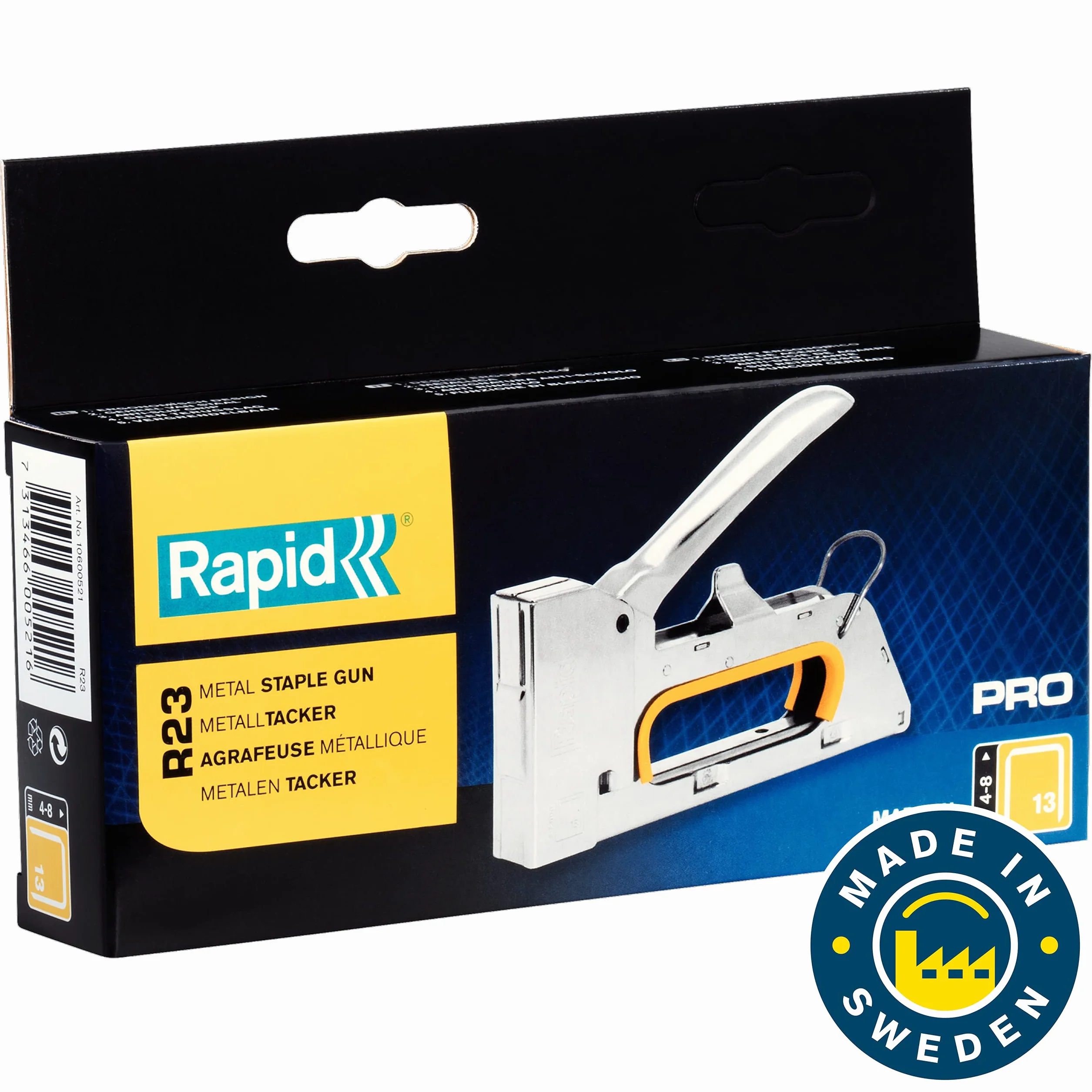 Rapid Grapadora Profesional Manual PRO R23 para Grapas No. 13, Grapadora para Tapicería con Empuñadura Ergonómica, 100% Acero, Sencillo Sistema de Carga, Fabricada en Suecia (10600521)