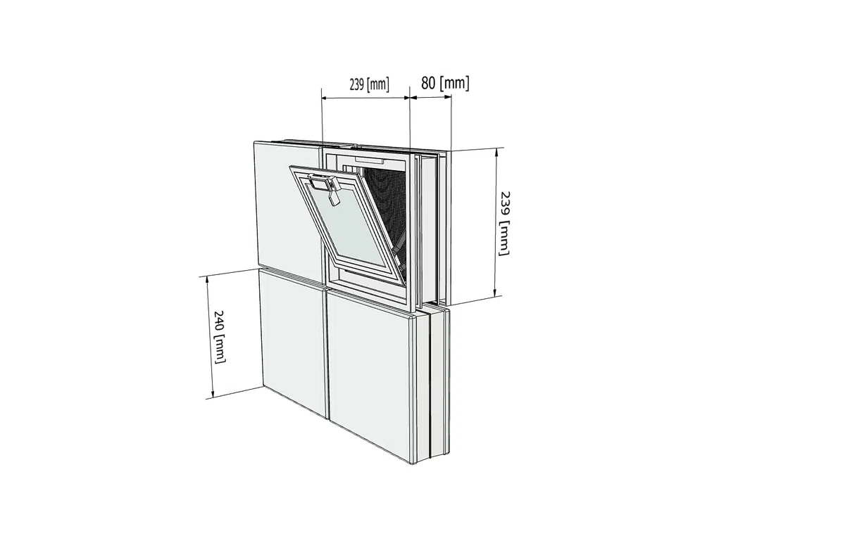 Ventana de ventilación para insertar en una pared de bloques de vidrio, ladrillo u hormigon | Dimensiones cm 24X24X8 | Sustituye 1 bloque de vidrio de 24x24x8 cm.| Unidad de venta 1 ventana
