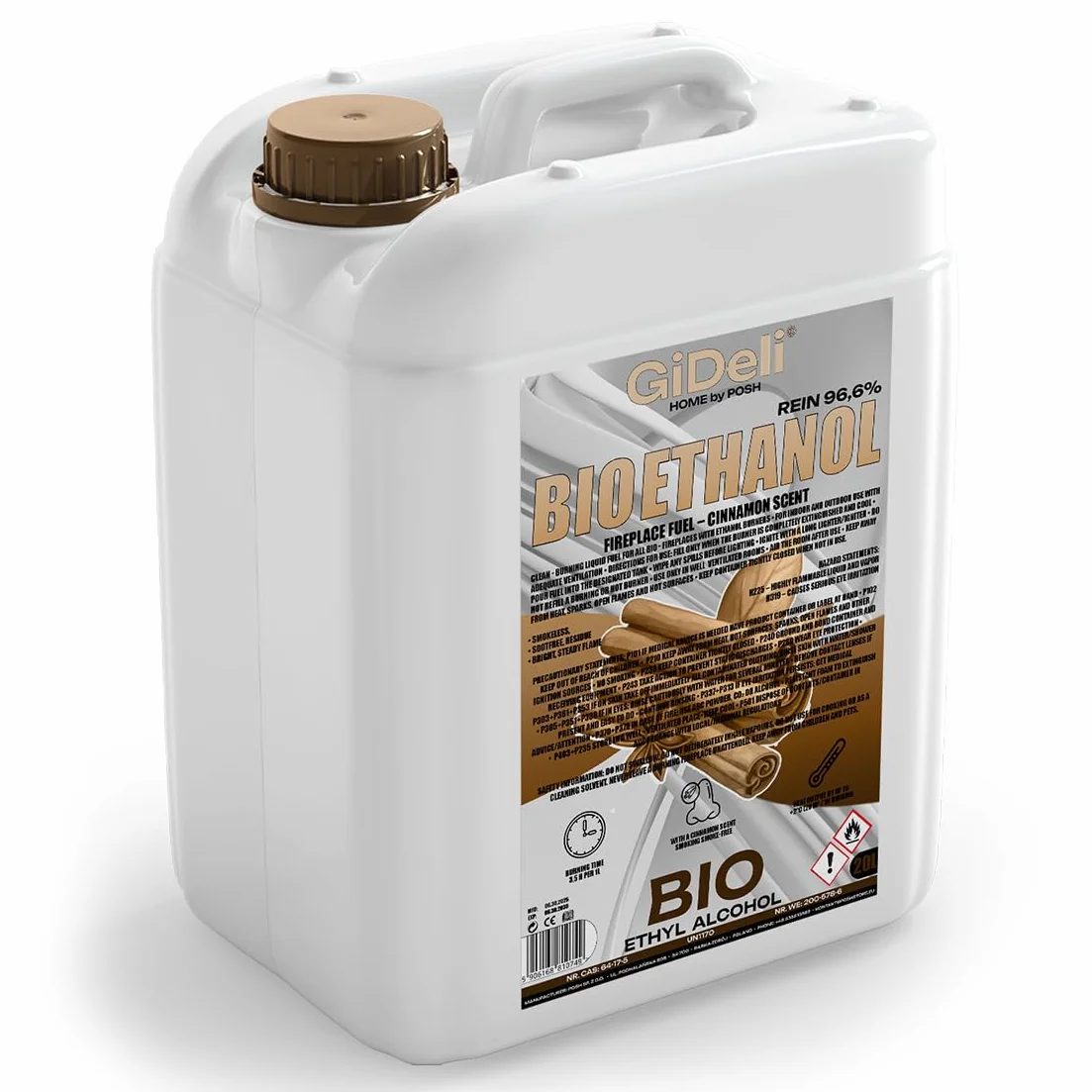 GiDeli Bioetanol 20 l con aroma a canela 96,6% etanol para chimeneas interiores y exteriores, sin humo ni hollín, de maíz y remolacha azucarera