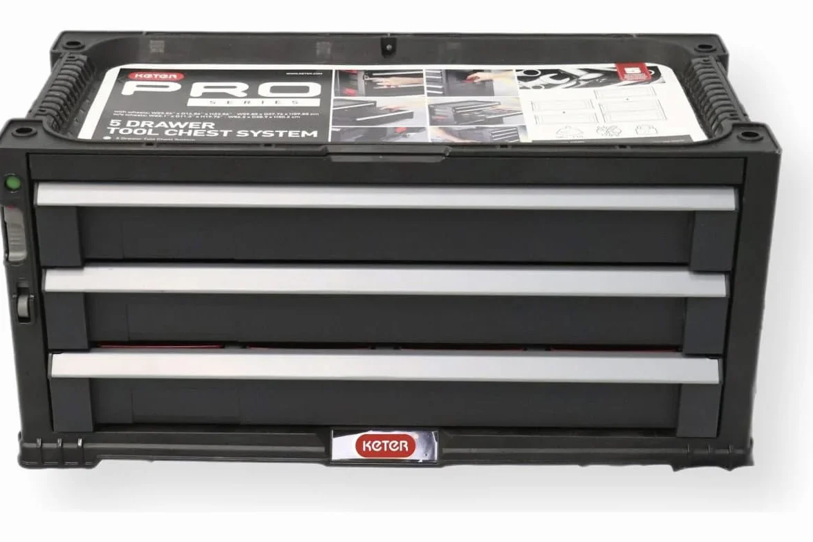Keter - Juego de 3 cajones extensible para herramientas pequeñas y grandes, ruedas giratorias extraíbles con frenos, cierre centralizado, 56,2 x 28,9 x 26,2 cm, color negro