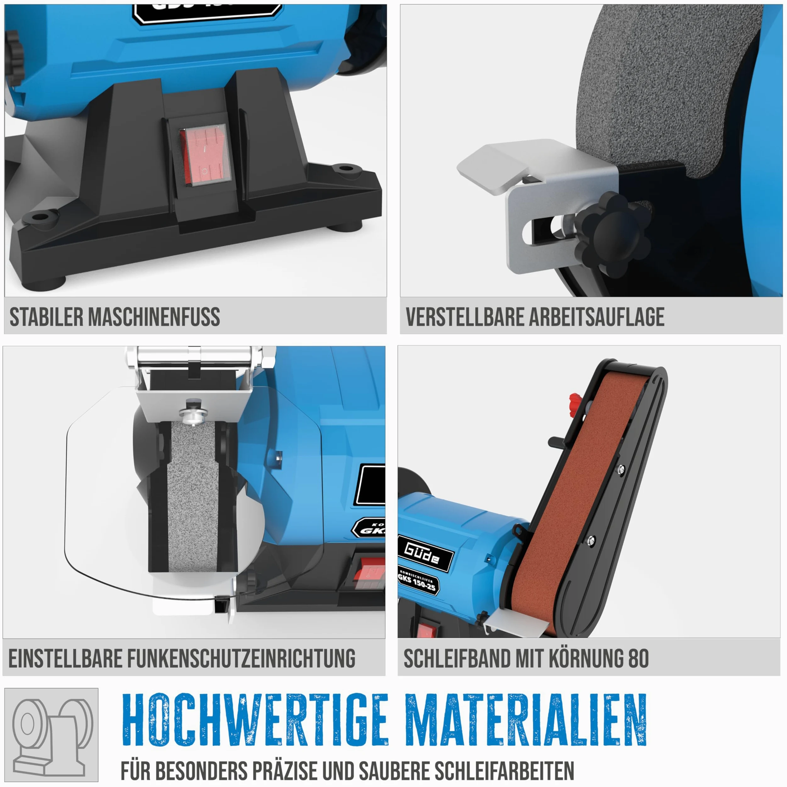 Güde Lijadora combinada GKS 150-25 (250 W, 2980 1/min, motor de condensador, pie de máquina estable, dispositivo de protección contra chispas ajustable, disco abrasivo fino Ø 150 mm 36 K, banda de