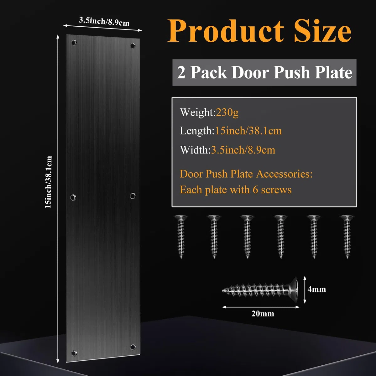 2 placas de empuje para puerta de acero inoxidable de 15 x 3.5 pulgadas, placa de empuje de puerta, placa de puerta cepillada con 12 tornillos para accesorios interiores y exteriores (negro)
